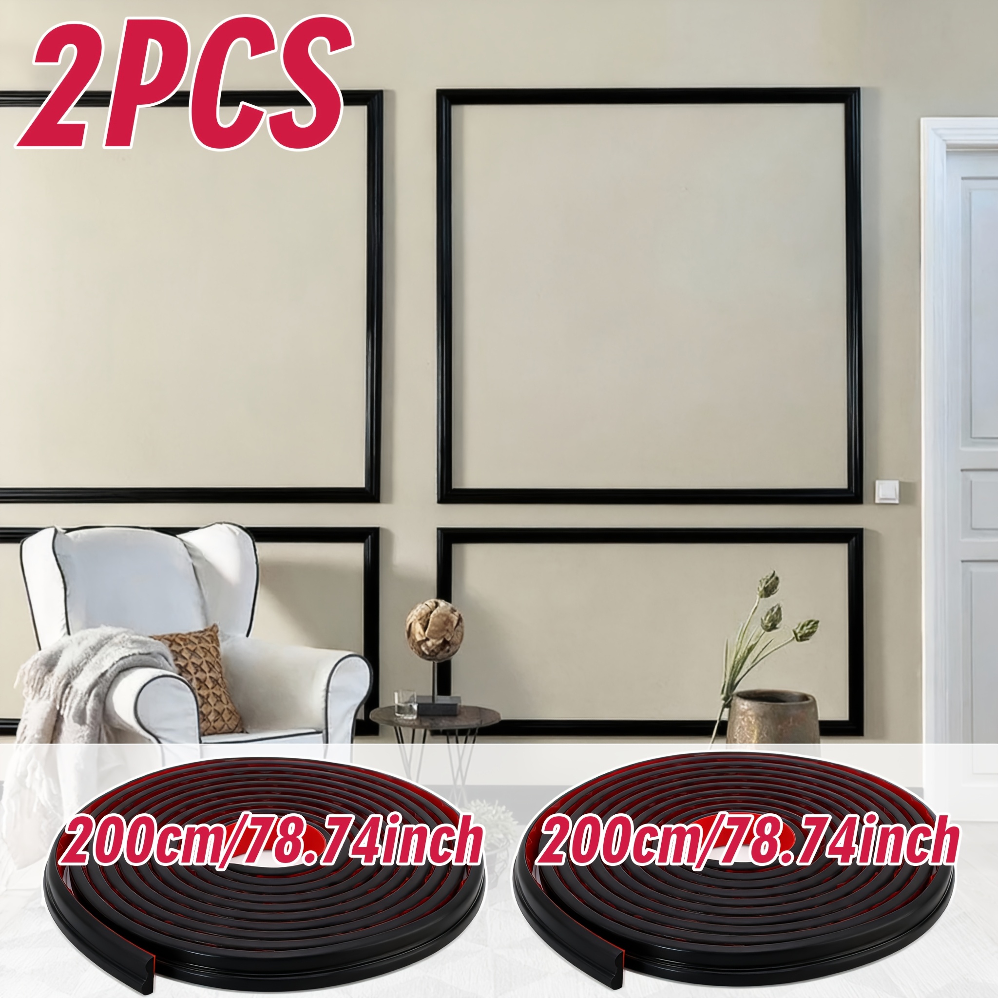 E-shop 2 Rollen (39,37"/78,74") Selbstklebende PVC-Leistenfolie - Abzieh- & Klebeleiste, Flexible Biegsame Kunststoffstreifen für DIY, Sockelleisten,