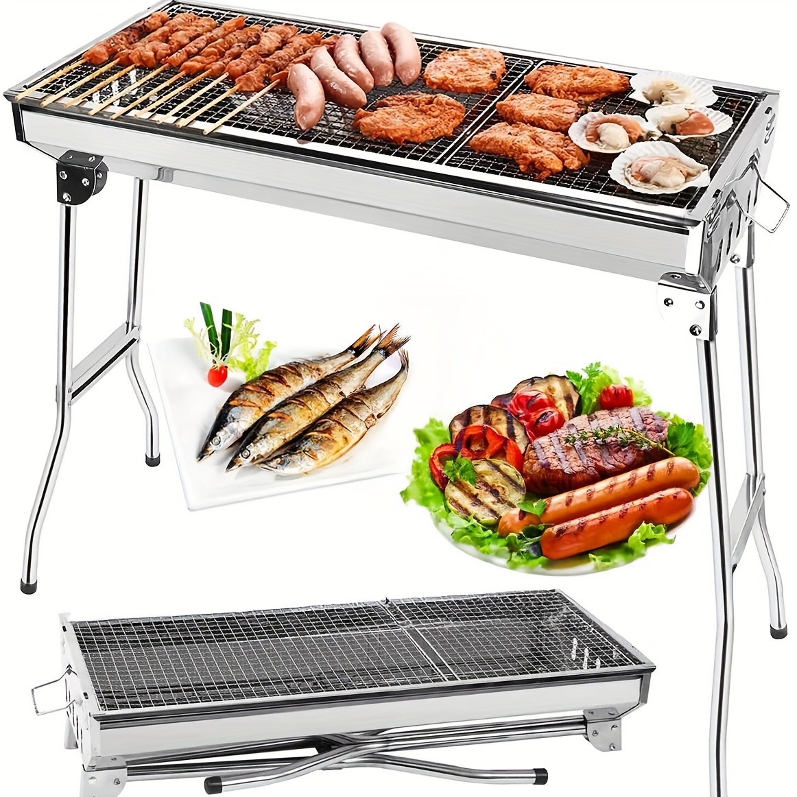 TEMU Portable Stainless Steel Folding Bbq Grill Kit For Camping, Hiking & Outdoor Events – Cooking, Picnics, And