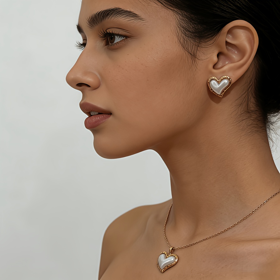 TEMU 1 Set de Desechable de Estilo , Collar con Decoración de Encaje con Forma de de Perlas de y Aros de Botón de Acero Inoxidable Dorado, Adecuado