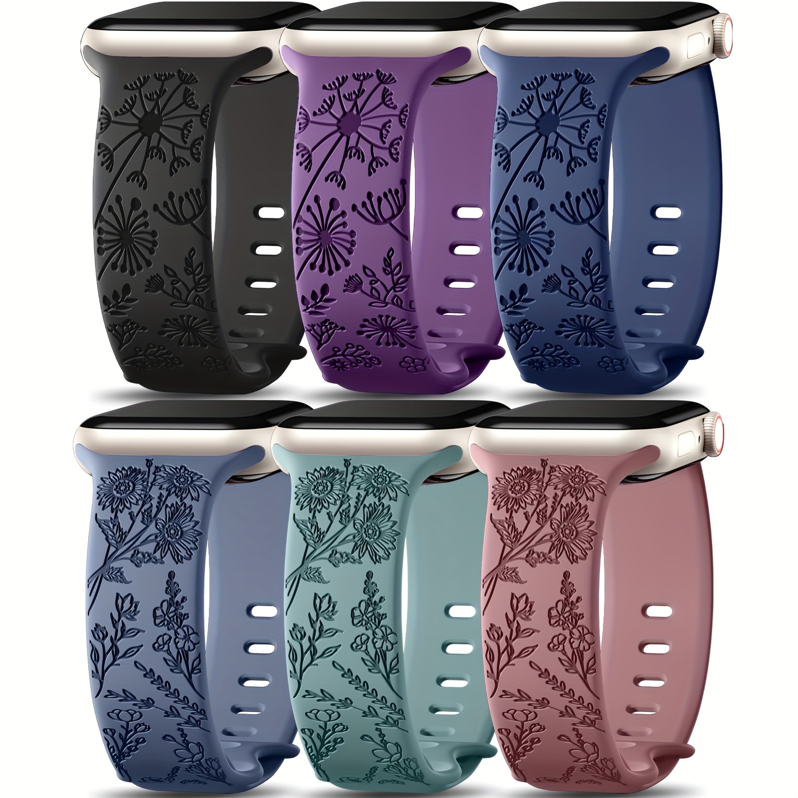 

6 Pack Flower Engraved Bands Compatible For Watch Band 40mm 41mm 38mm 42mm 44mm 45mm 49mm Women, Soft Silicone Cute Wildflowers Sport Laser Strap For Iwatch Bands Series 9 Ultra Se 8 6 5 4 3 2 1