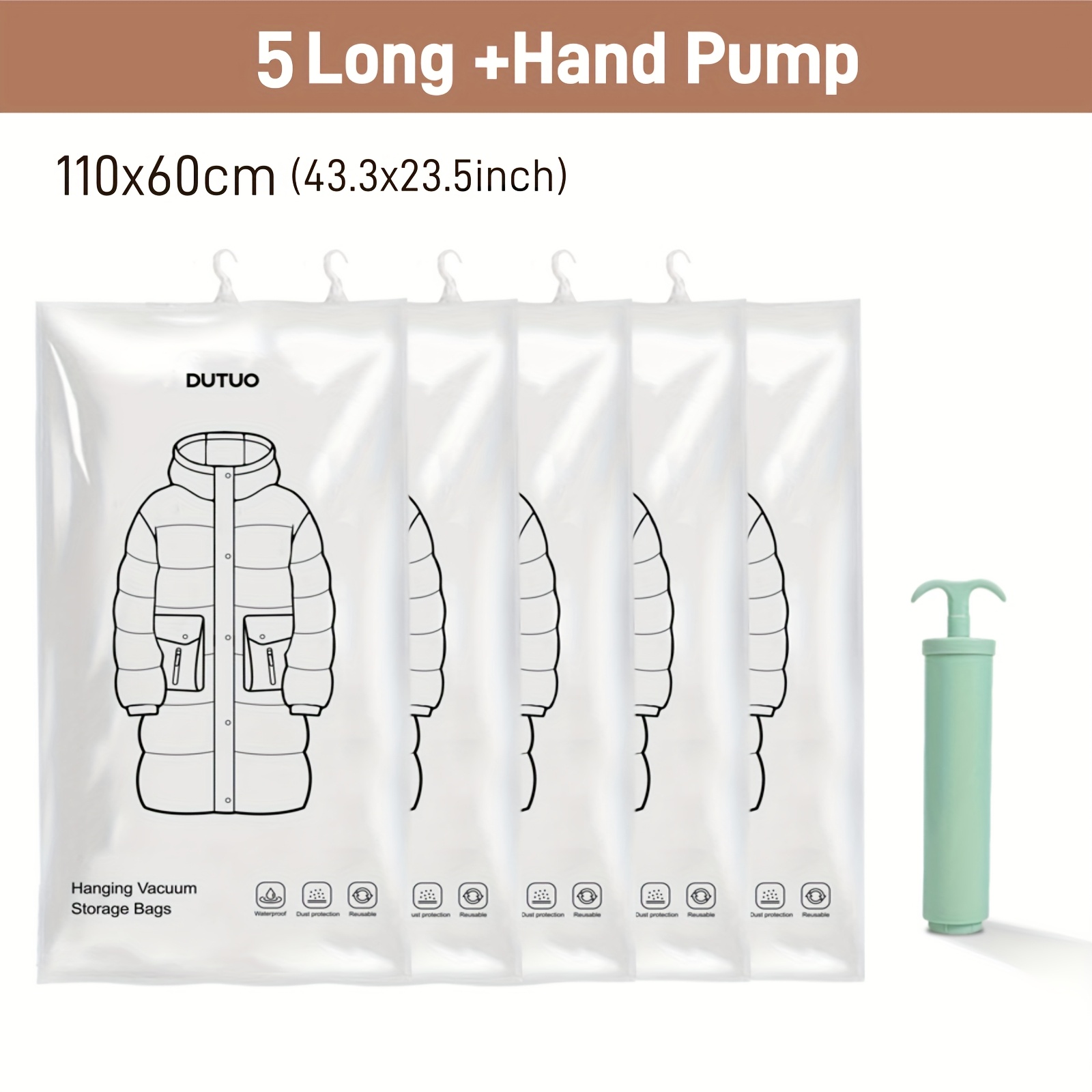 Image of 5pcs Hanging Vacuum Storage Bags, New In 2025 Vacuum Sealed Winter Clothes Jacket Bag, Wardrobe Organizing And Storage Bag For Coats, Suits And Jackets, With Hand Pump