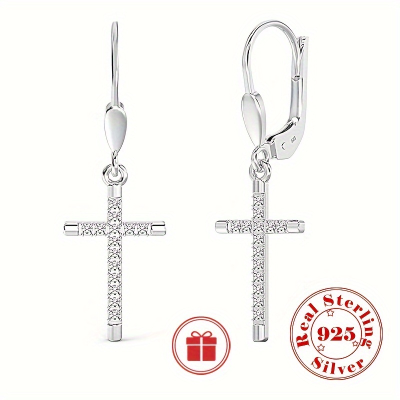 

1 Pair Of 925 Sterling Silver Drop Earrings Sparkling Cross Design Paved Shining Zirconia Match Daily Outfits Party Decor Hypoallergenic Jewelry With Gift Box