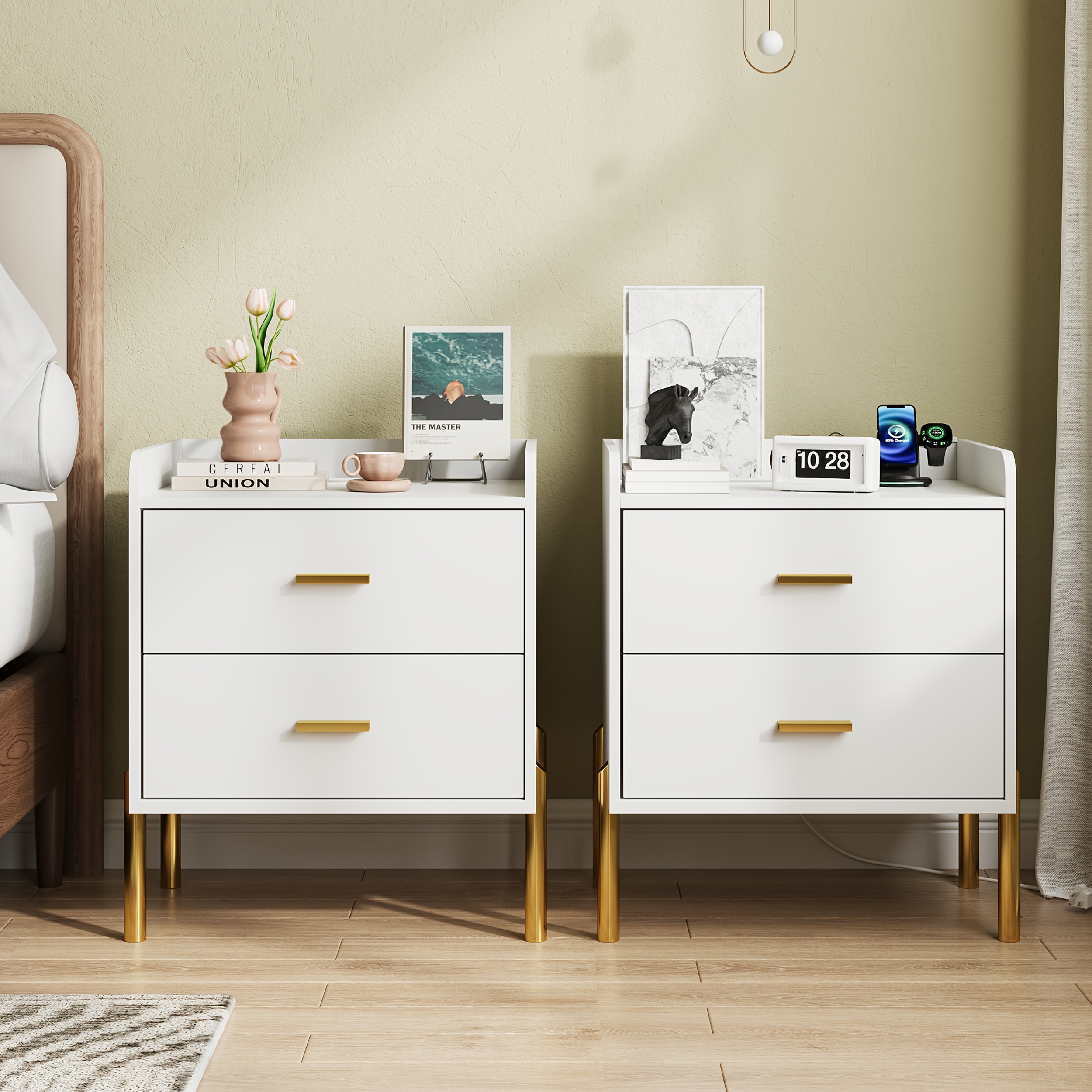 TEMU Modern Nightstand With Cubby And Charging Station, Bedside Table With 3 Drawers And Metal Handle For Bedroom, White