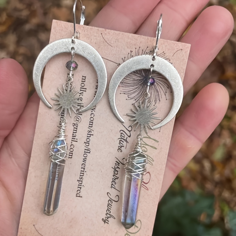 

1 Pair Of Vintage Bohemian Natural Stone Silvery Dangle Earrings, , Women' Party Gift