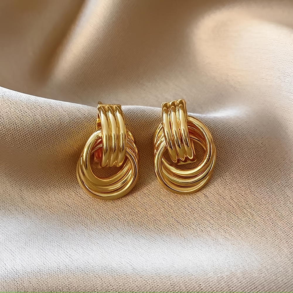 Image of 1pair Fashionable Alloy Knotted Design Stud Earrings For Women, Double Hoop Studs, Statement Dangling Earrings, Unique Earrings • Anniversary Gift For Wife