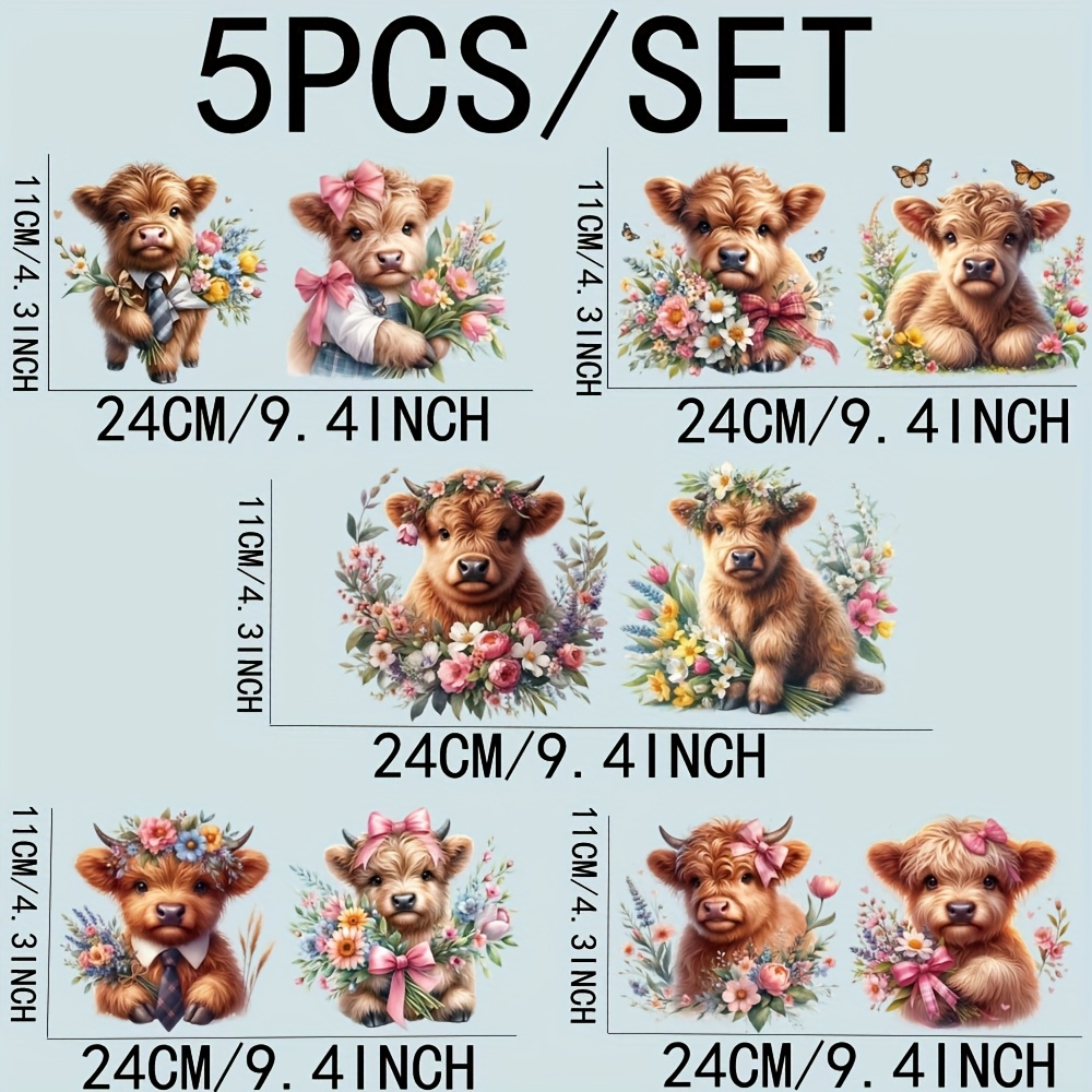 TEMU 5pcs/set Spring Highland Cow 16oz Transfer Paper Uv Dtf High Self-adhensive Decor Wraps Transfer Paper To 16oz Glass Jars