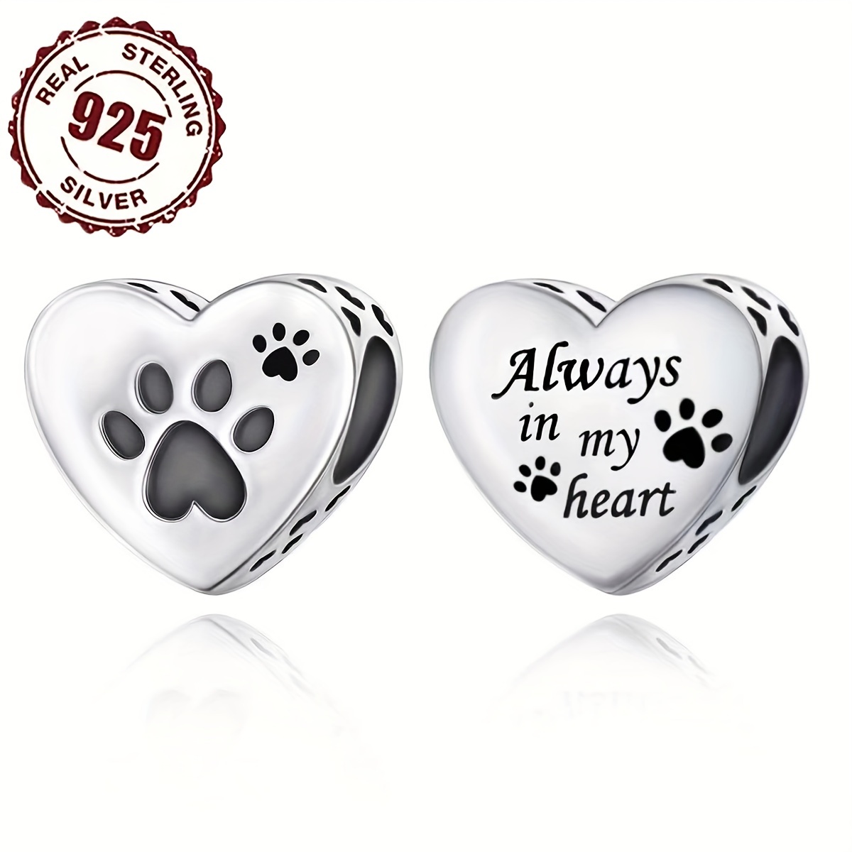 

925 Sterling Silvery Heart & Paw Print Charm Bead For Making - Bracelets & Necklaces, 2g