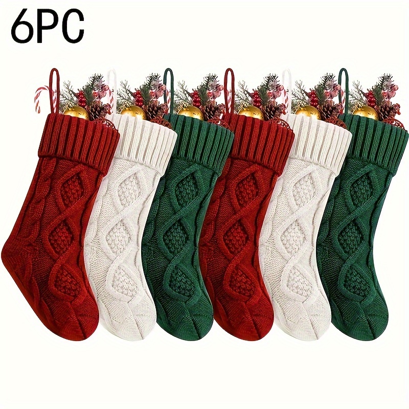 

6- Christmas Stockings, 18-inch Knit Socks, Holiday Decor For Christmas Party & Home Decor, Polyester, No Feather, For Thanksgiving, Halloween, Autumn, Winter