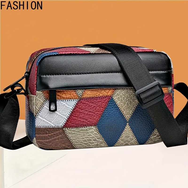 

2024 Women's Patchwork Crossbody Bag - Diamond Pattern, Lightweight, Adjustable Strap, Zip Closure, Polyester