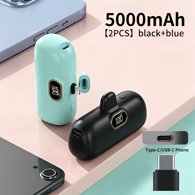 TEMU Lot de 2 Mini Portables 5000Mah, Batterie Externe de Poche avec Affichage Numérique LED, Batterie d' Légère Compatible avec les Appareils Type-C