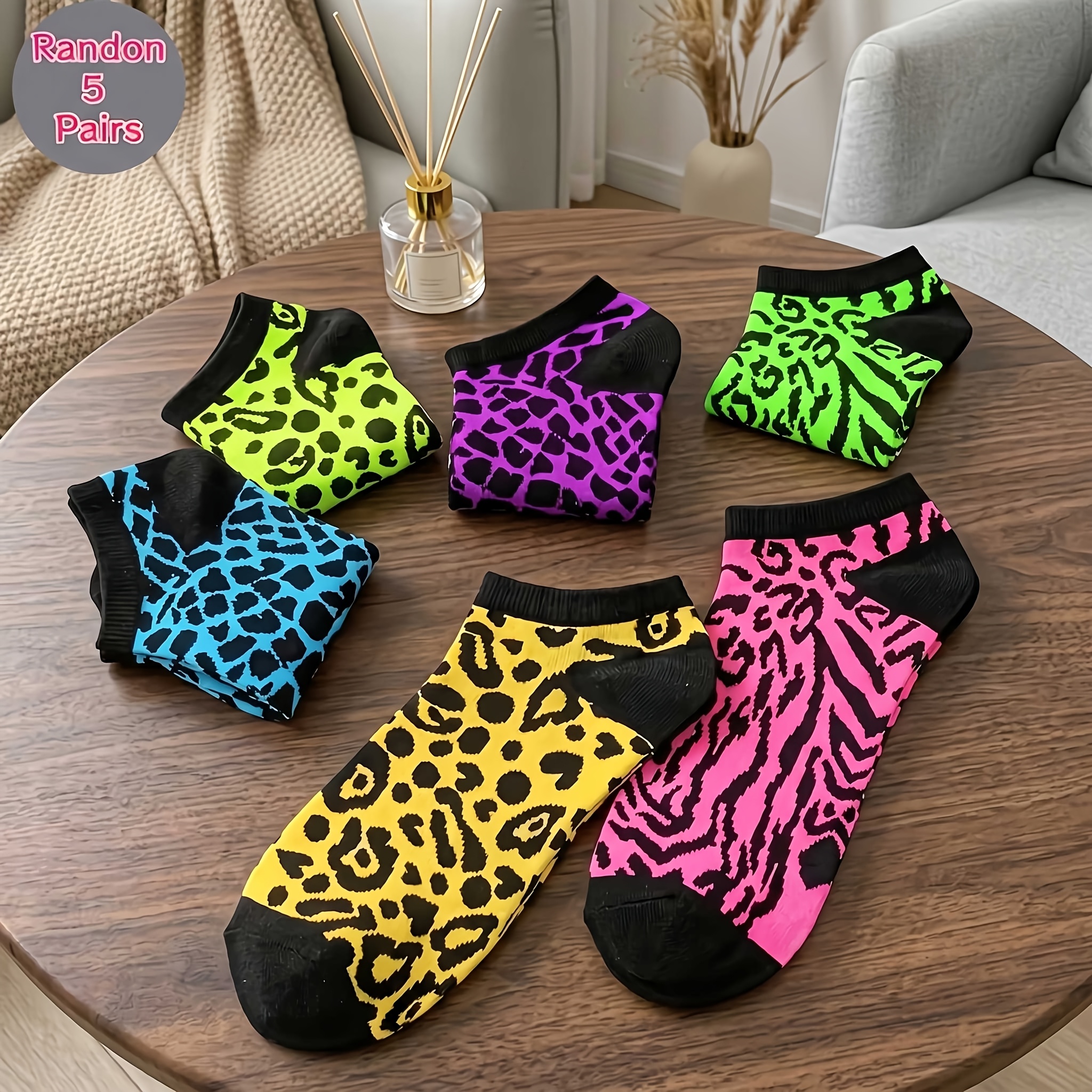 TEMU Lot de 5 paires de chaussettes de cheville pour couple, et tendance, à aléatoires léopard, dessin animé et rayures, pour /été