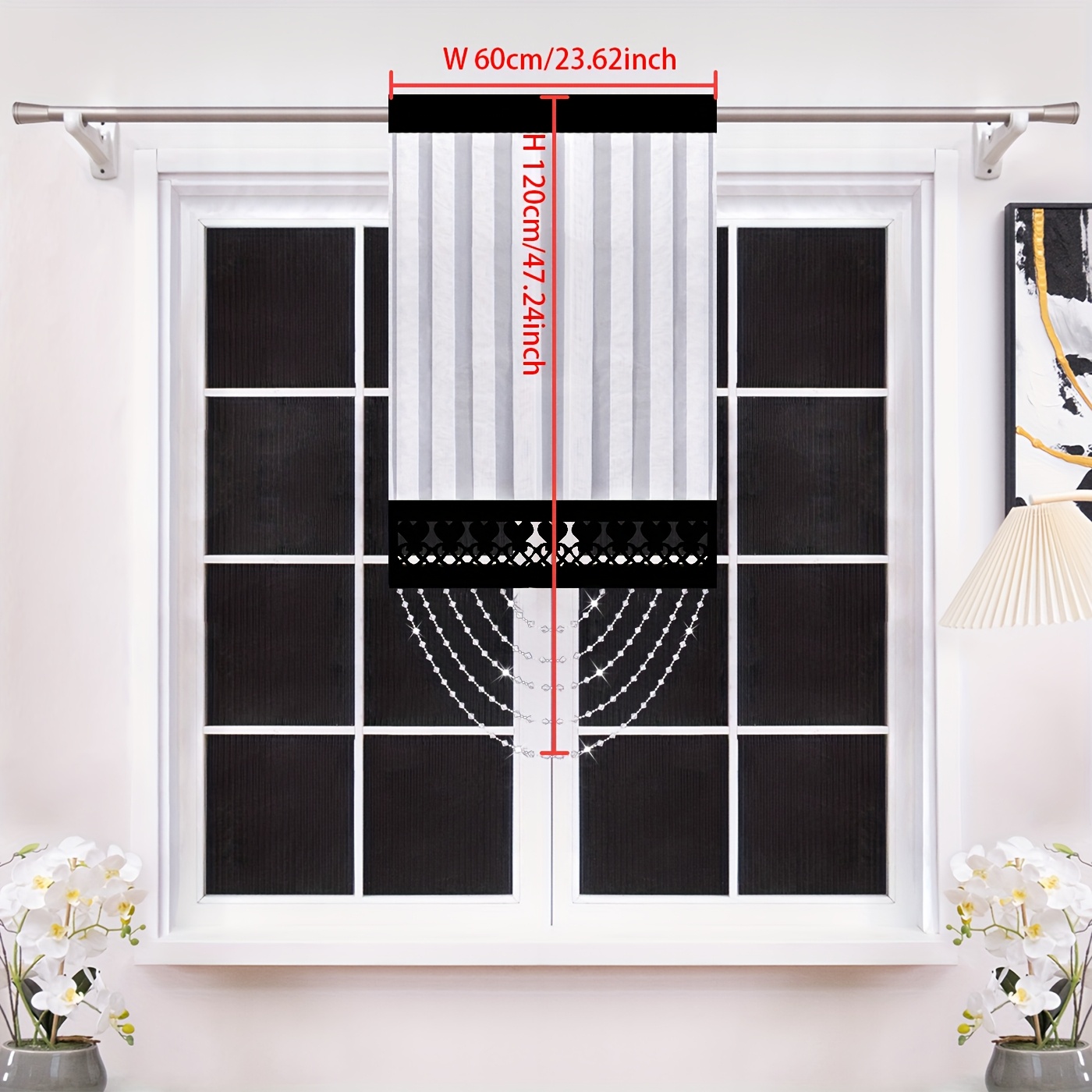 White Sheer Vertical Striped With Crystal Beaded Tassels, Hollow Heart Lace Hem Rod Pocket Curtain, Elegant Short Drape For Bathroom Kitchen Narrow Window