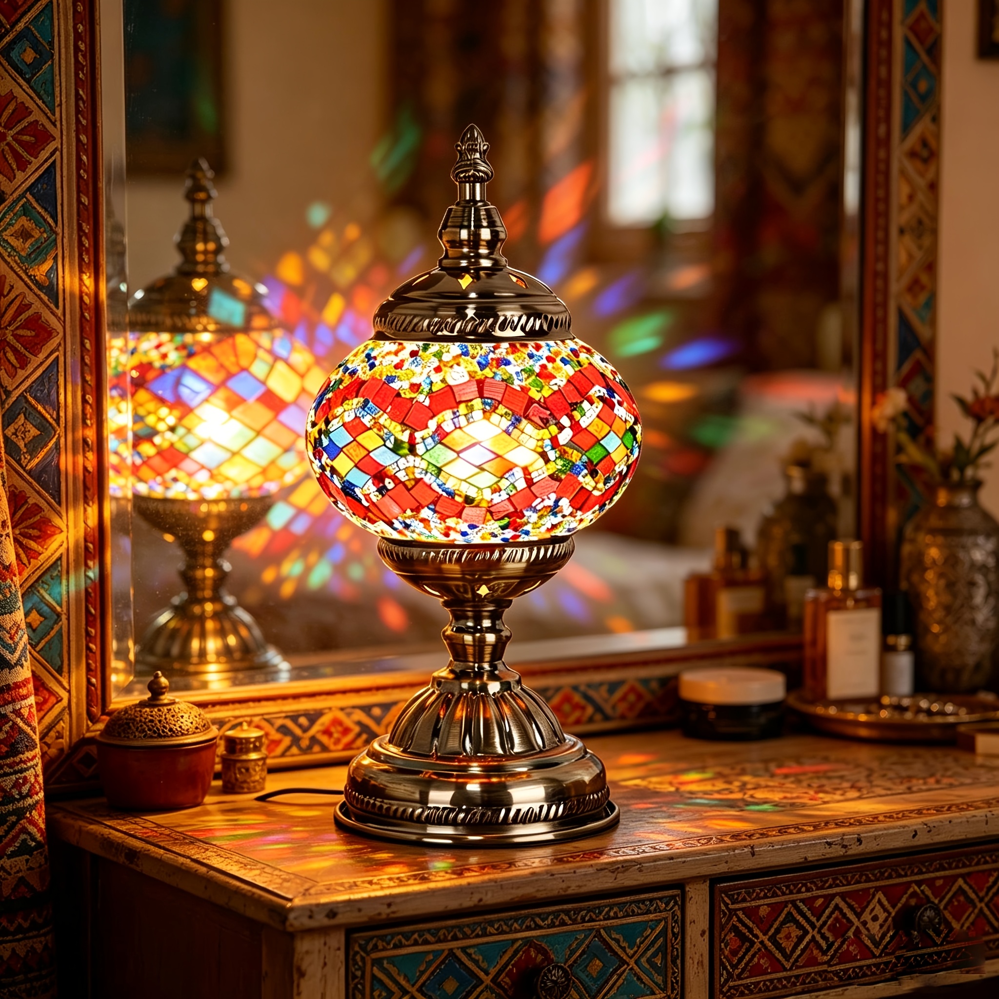 Round mosaic table lamp with colorful glass pieces and a metal base