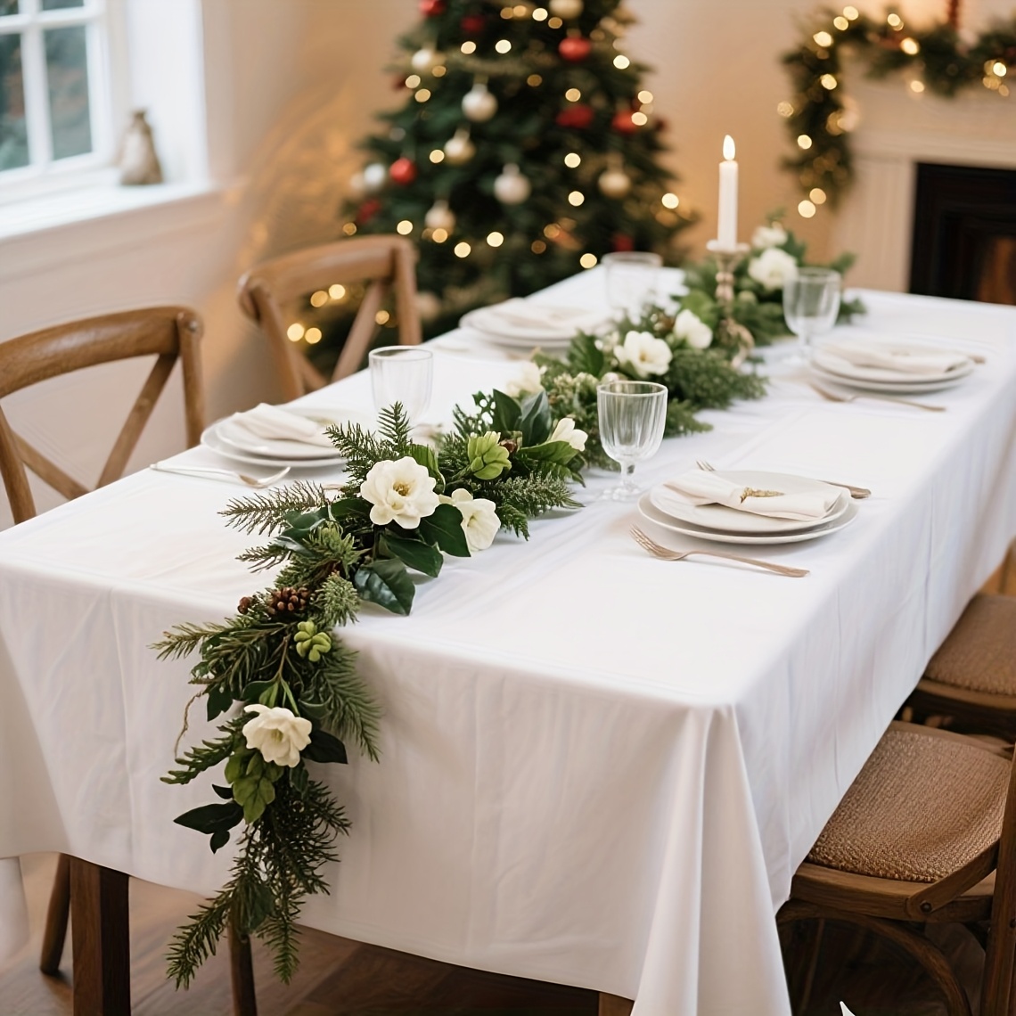 1 Reine Weiße Tischdecke + 4 Selbstklebende Clips, Ideal für Hochzeiten, Neujahr, Weihnachtsfeiern, Halloween, Geburtstagsfeiern, Gruppendinner, Camping, Valentinstag Tischschutz