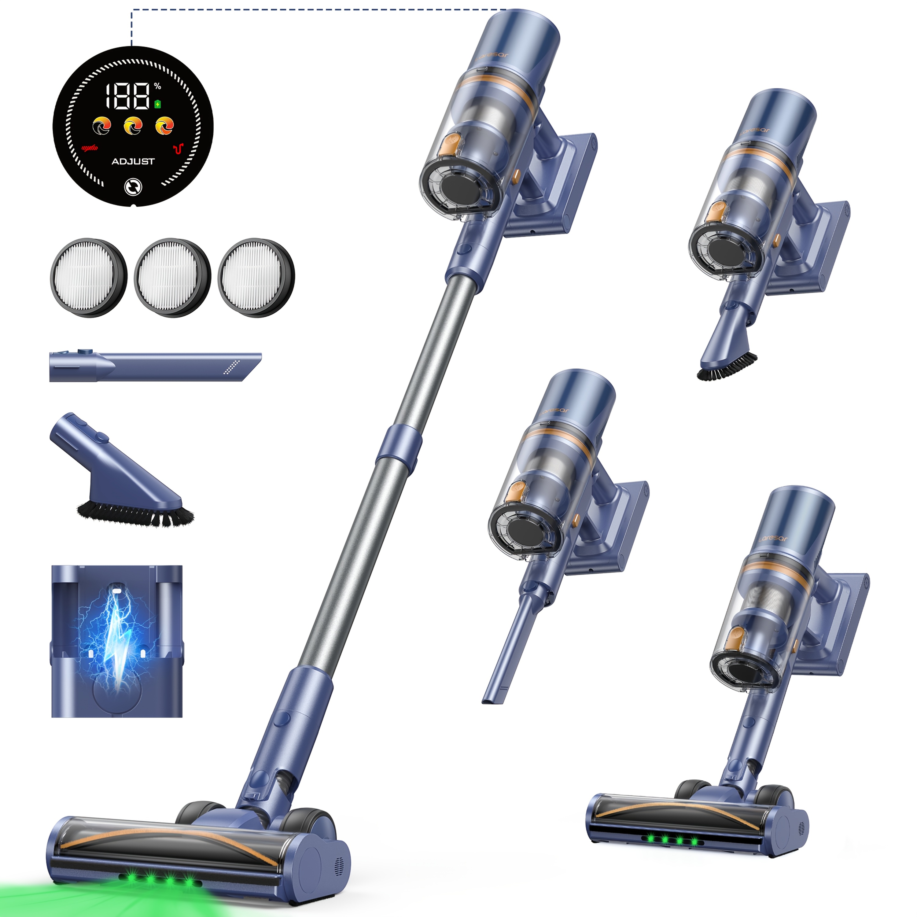 E-shop Laresar V11 Akku-Staubsauger 90 Min. Laufzeit 650W Stabstaubsauger mit Ladestation, Freistehender Handstaubsauger mit Touch-Display, 6-in-1