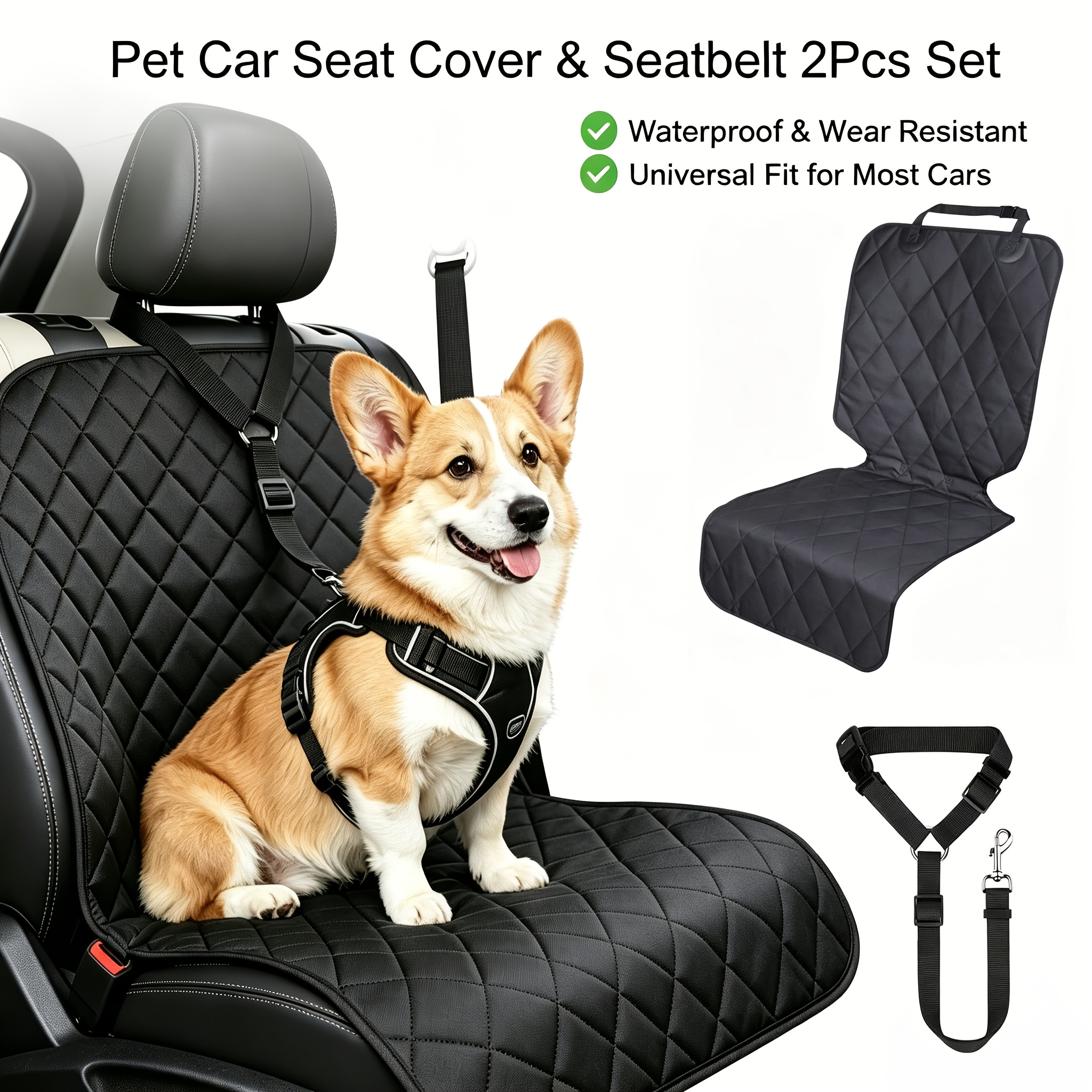 TEMU 【2点セット】ペット用カーシートカバー＆ヘッドレスト安全テザー、傷防止ドッグカーシートター、調節可能なナイロン製テザー付き、ペットの旅行に最適