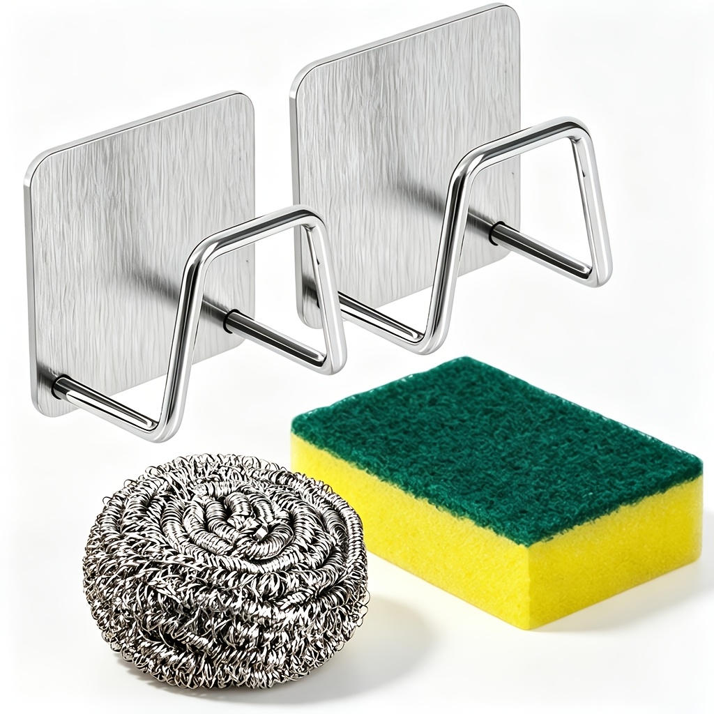 TEMU 4pcs Kitchen Sink Sponge Drying Rack Set, (2pcs Kitchen Sink Sponge Holders And 1pc Cleaning Sponge And 1pc Stainless Steel Cleaning Ball),