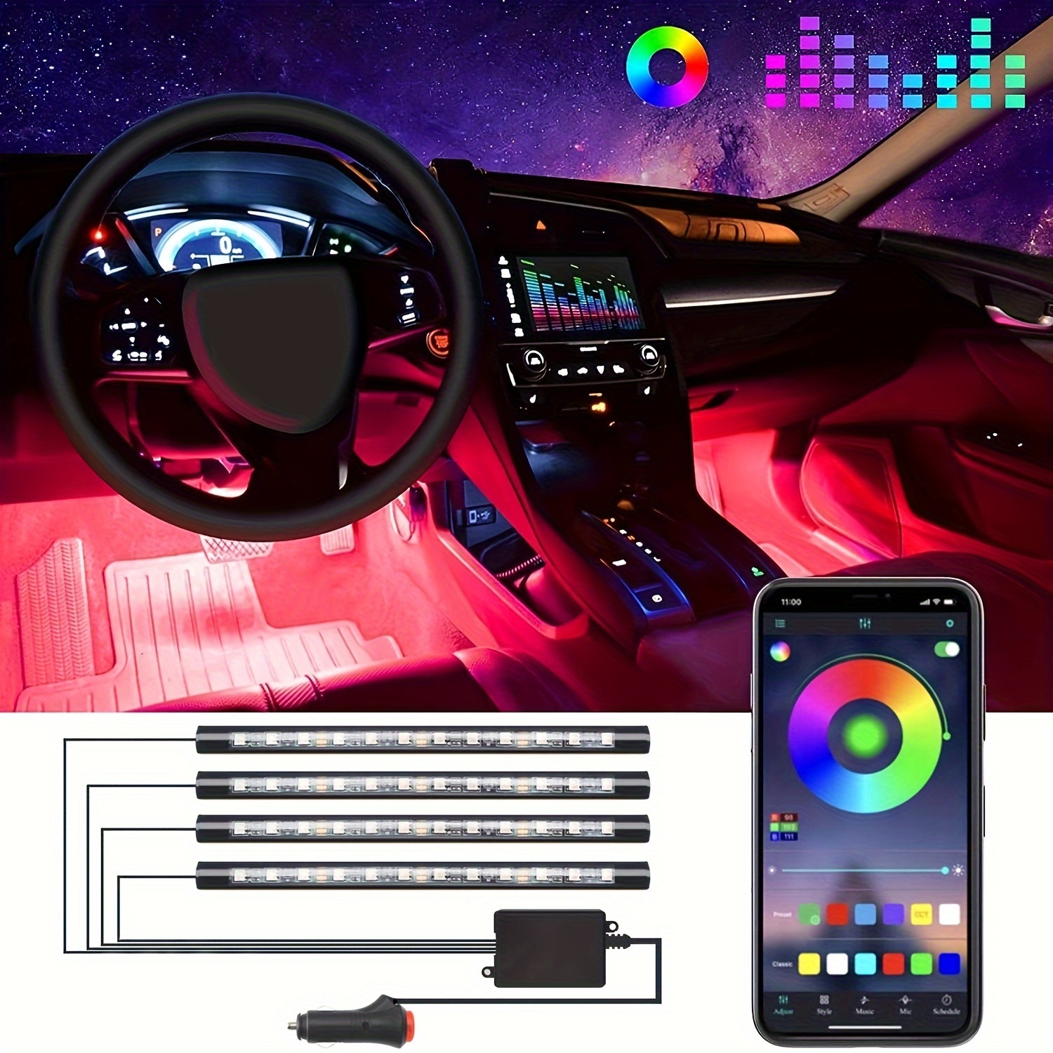 Acquista Nuova luce ambientale per piedi auto a LED con USB Neon  Illuminazione d'atmosfera Retroilluminazione Controllo musicale App RGB  Luce decorativa per interni auto