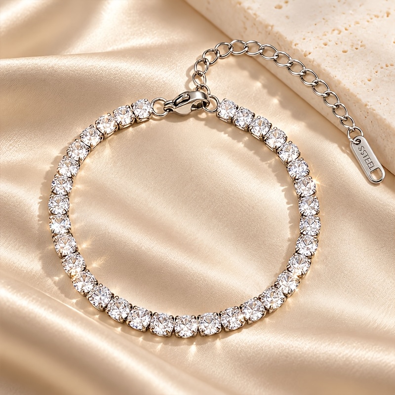TEMU 1 bracciale da tennis, materiale in acciaio inossidabile 304, design con strass , funzione catena regolabile, stile facile e , da donna, zirconi