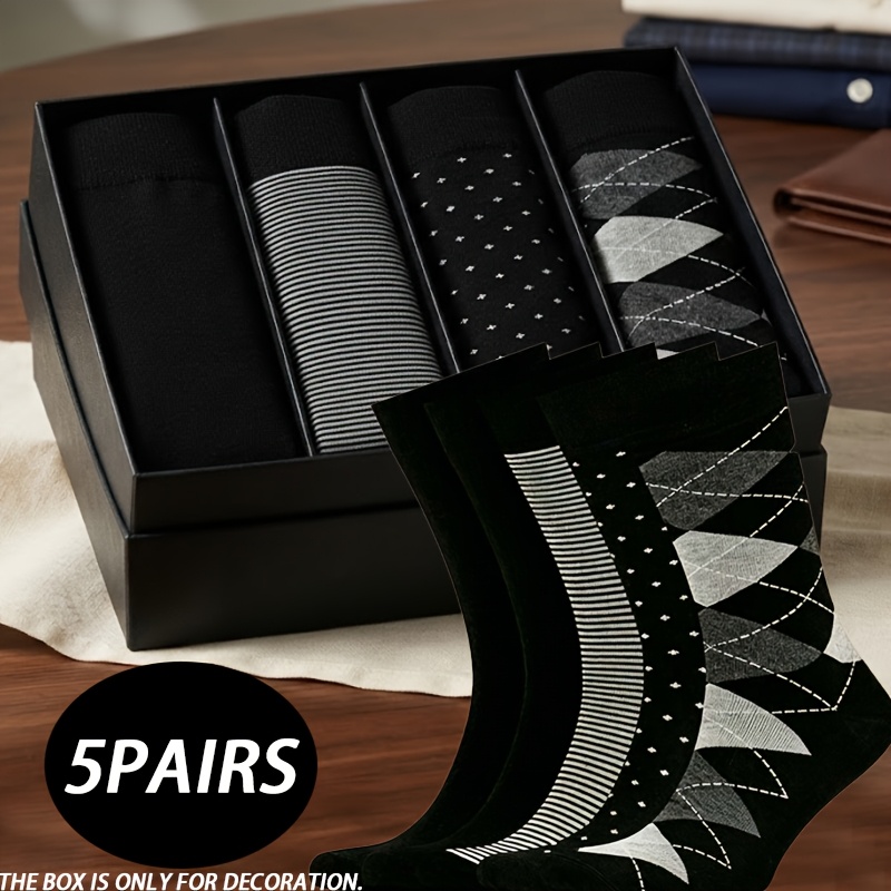 TEMU 5-pair Men's Diamond Check Mid-calf Socks, Spring/summer Business Socks, Breathable And Soft, Seamless Design Suitable For Office And Outdoor