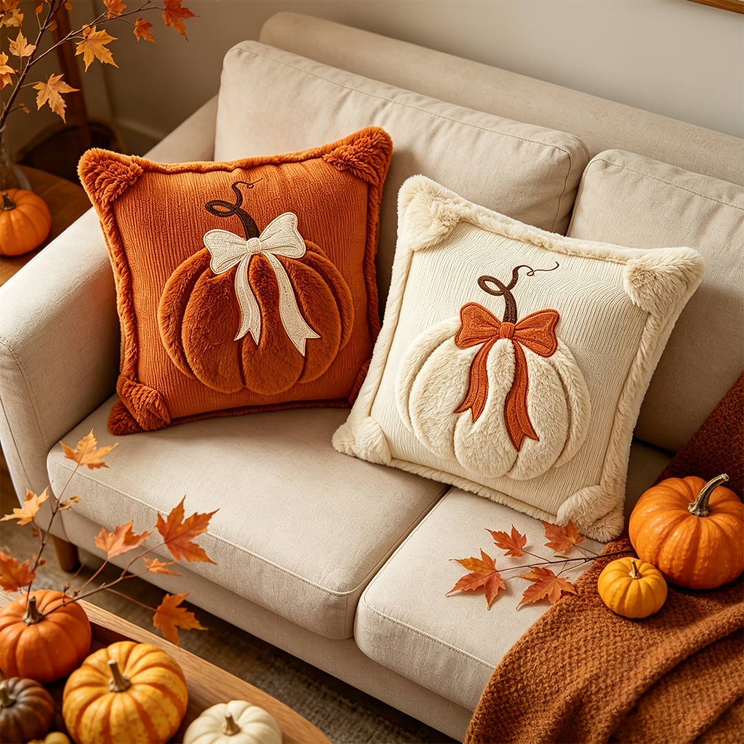 TEMU 2pcs Plush Pumpkin Bow Decorated Pillow Covers 18x18 Inches, Huge Pumpkin Bow Decorated Pillowcases, Soft And Comfortable, Suitable For