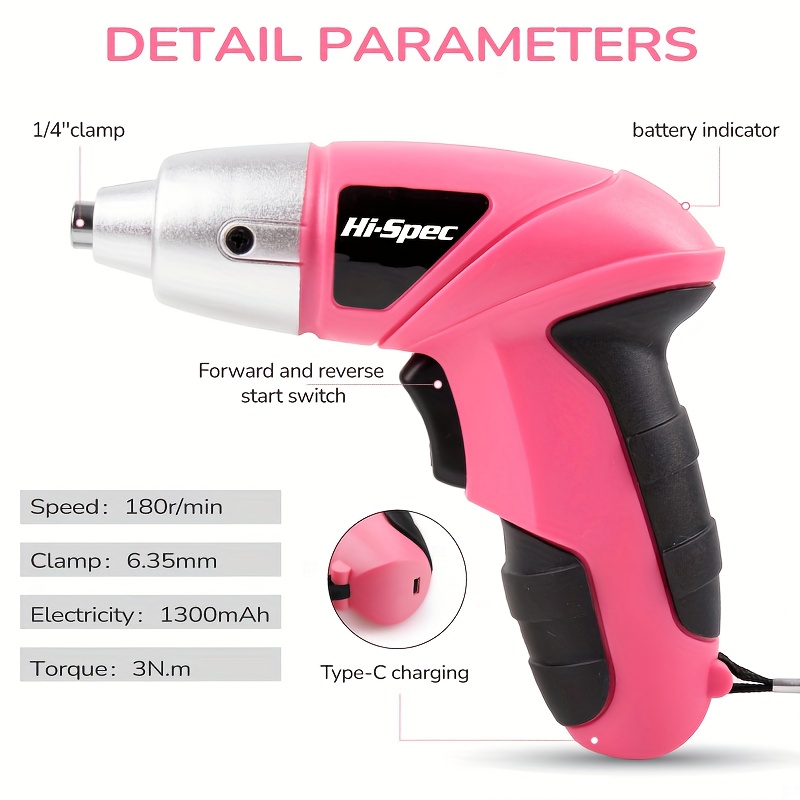 hi 6v electric screwdriver in pink a usb rechargeable lithium battery handheld tool kit portable and in multiple colors suitable for home the kit a claw hammer screwdrivers drill bits Product details 3