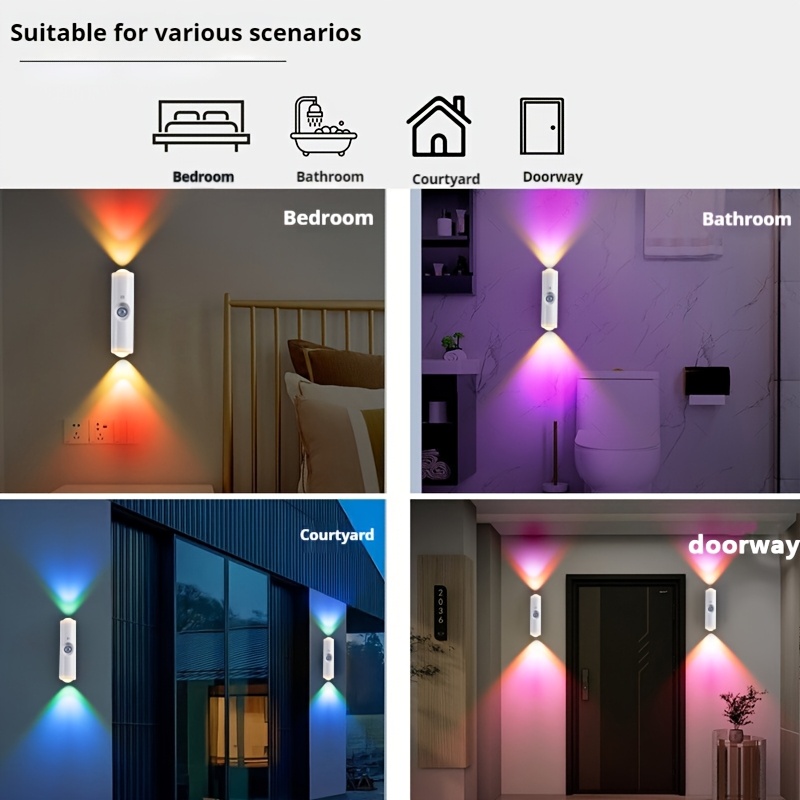 7色变换rgb感应充电夜灯4件套，电池供电壁挂式无线贴墙灯，便携led卧室厨房客厅小夜灯，易安装（白色） 8