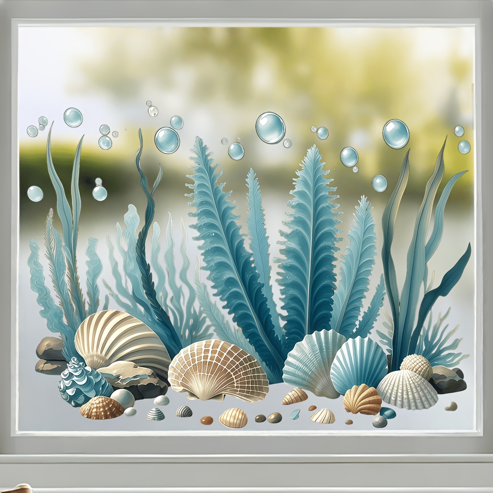 TEMU 2d Flat, 1pc 2d Flat Printed Ocean-themed Seaweed, Seashell, And Bubble Window Cling, Pet Static Cling Glass Film, No Residue, No Adhesive