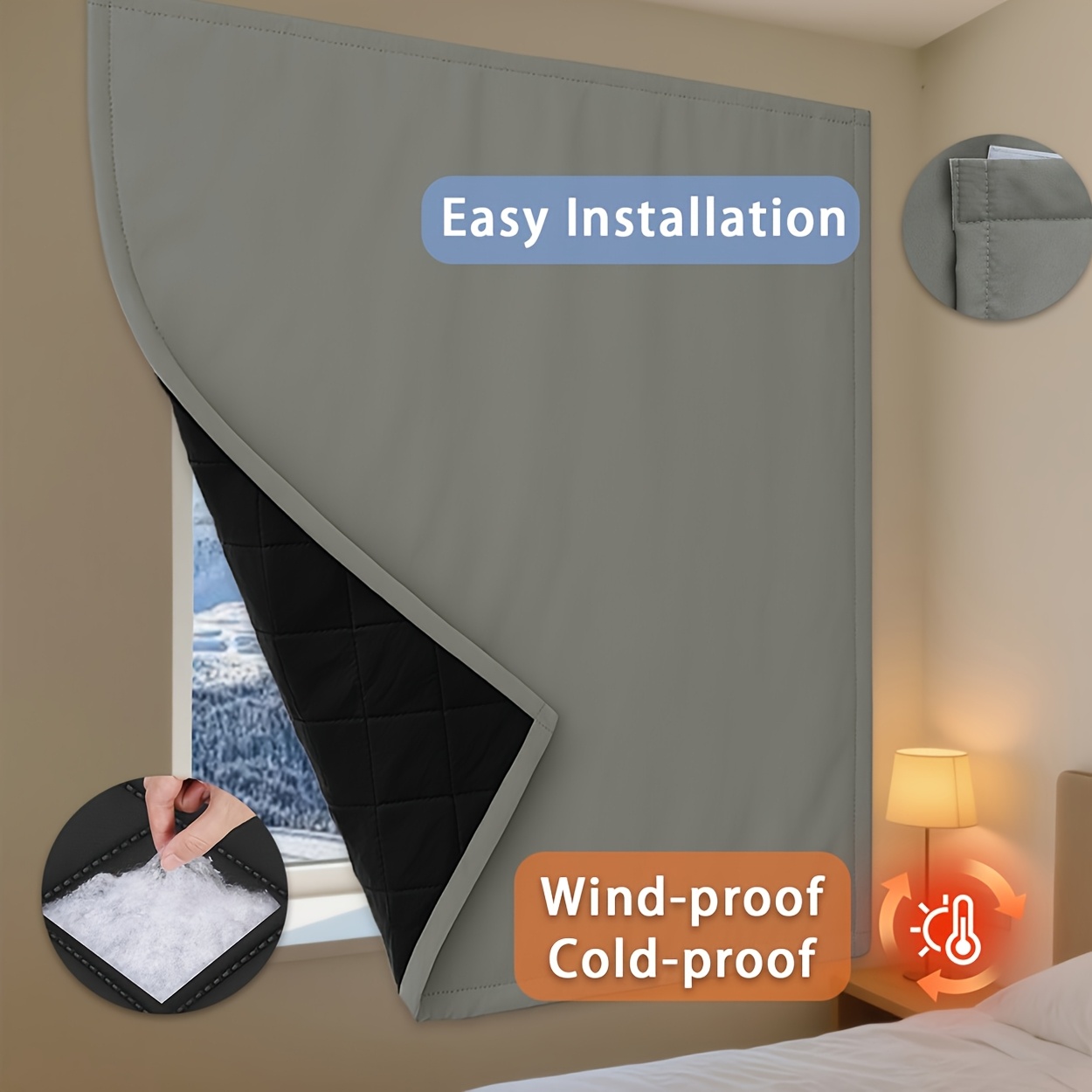 TEMU 1pc Self-adhesive No-drill Thickened Insulated Curtain, High Gram Weight 260g, Comfortable Touch, Windproof And Coldproof, Suitable For Bedroom,