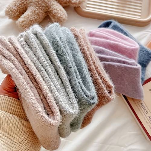 item picture 4 pair australian plush soft and warm cashmere socks random colors womens calf cashmere long socks for thickened plush sweat absorbent comfortable slip socks womens outdoor socks suitable for sleep socks