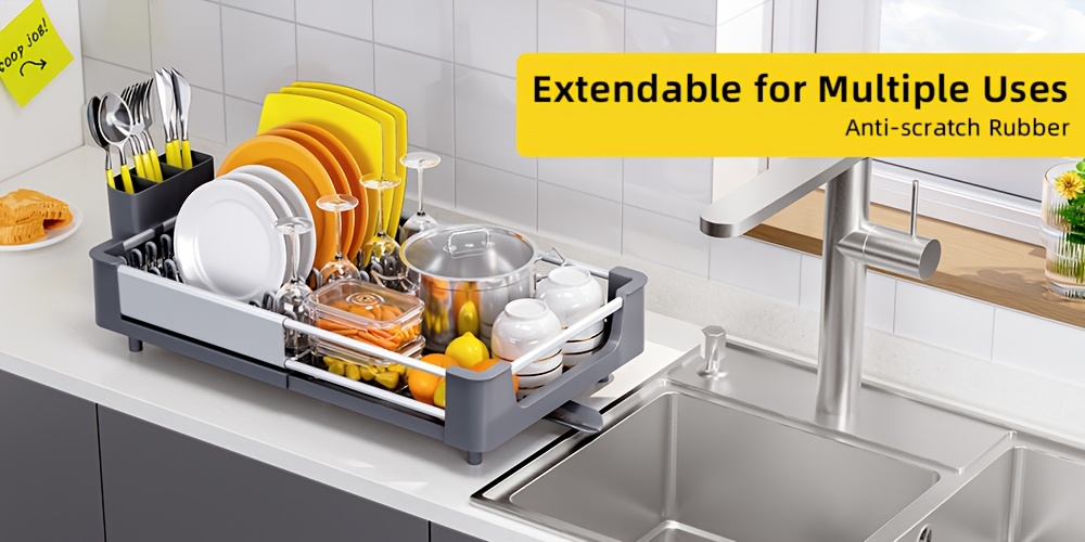   expandable foldable dish drying rack with cutlery holder swivel drain spout adjustable space saving aluminum kitchen organizer compact storage grey sleek     water drainage dish drying rack for kitchen counter Product details 0