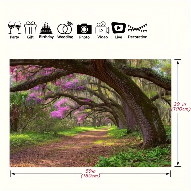 1pc garden park scenery backdrop for photography old tree lined path purple flowers beautiful forest jungle backdrop for party outdoor party photoshoot studio props