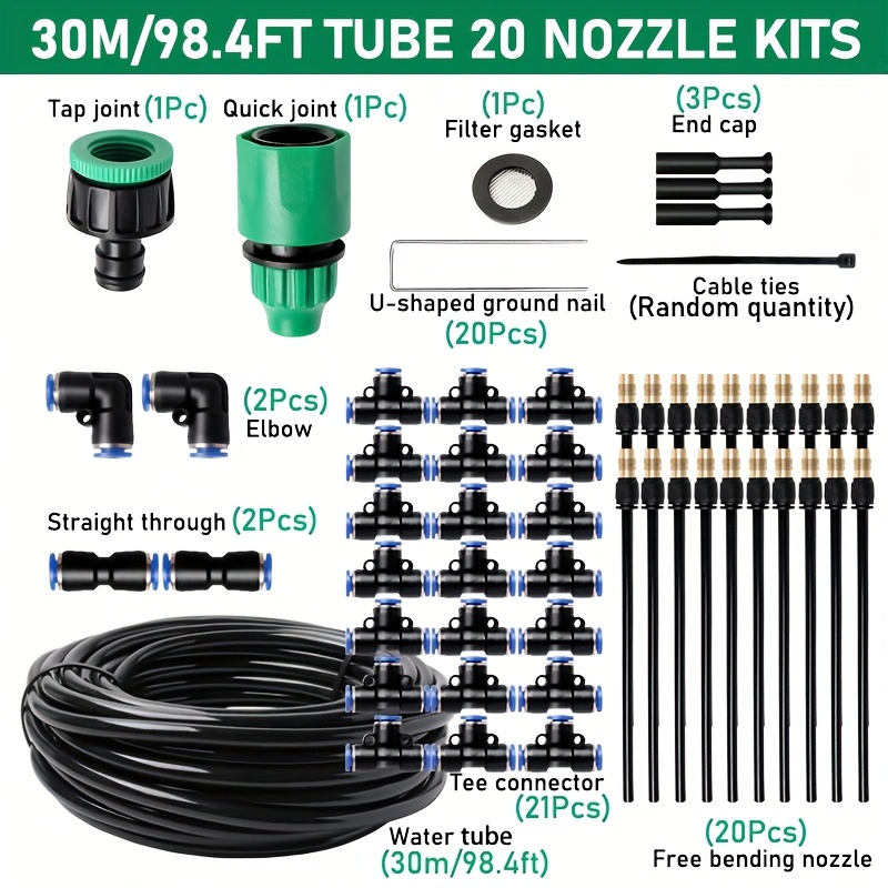 1 Set 10-30m Outdoor Patio Misting Cooling System Adjustable Mist Brass Nozzle Automatic Garden Irrigation Watering Brass Atomizer Nozzles Connector Kit Greenhouse Lawn Farm Industrial Dust Removal
