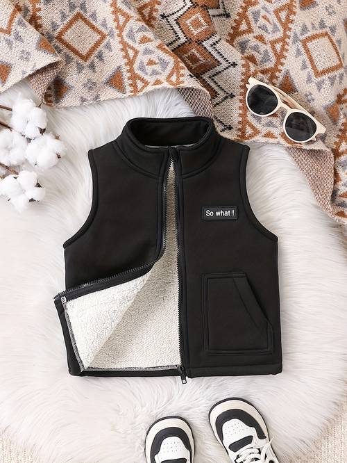 chaleco individual para niño, de punto casual de moda, con decoración de badge de felpa compuesta y bolsillo con cremallera, ideal para de otoño e invierno