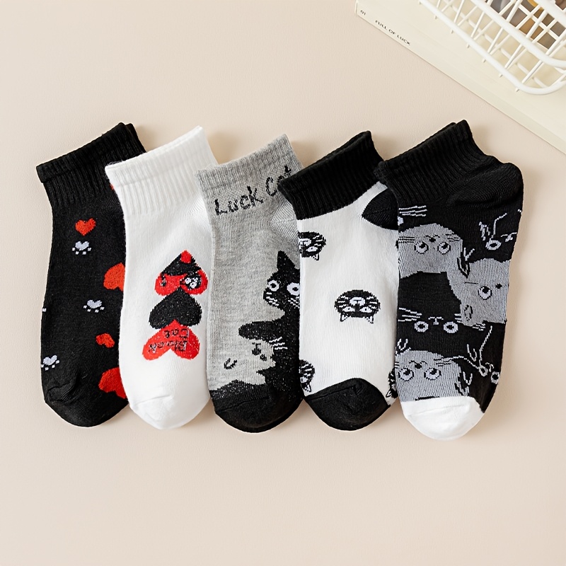 TEMU 5 Pairs Of Women's Socks For Spring And Summer Featuring And Cat Prints, Trendy And Versatile, Perfect For A College Style