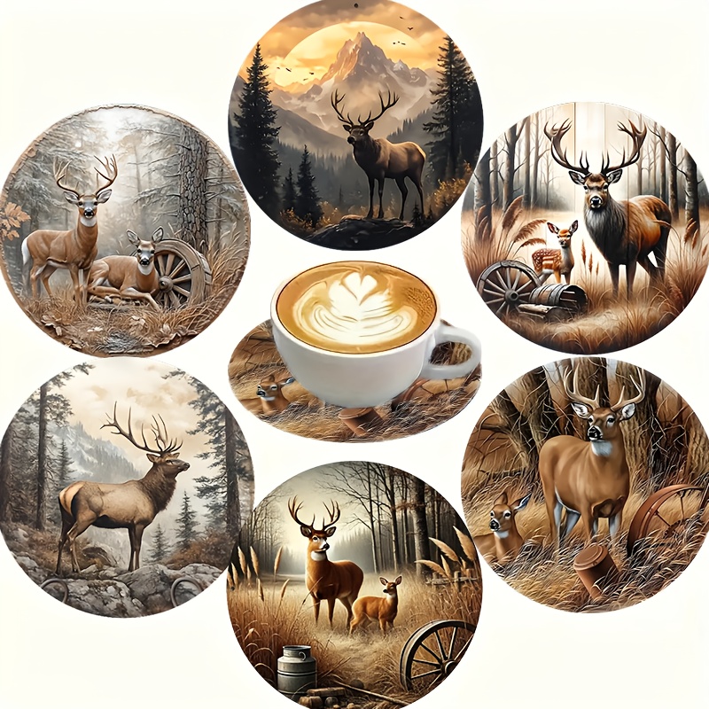 Image of 6pcs Deer-themed Wooden Coaster Set, Animal Design, Heat-resistant Wood Drink Mats, Non-slip Beverage Pads, With Ideal For Home, Cafe, , For Christmas Gift!