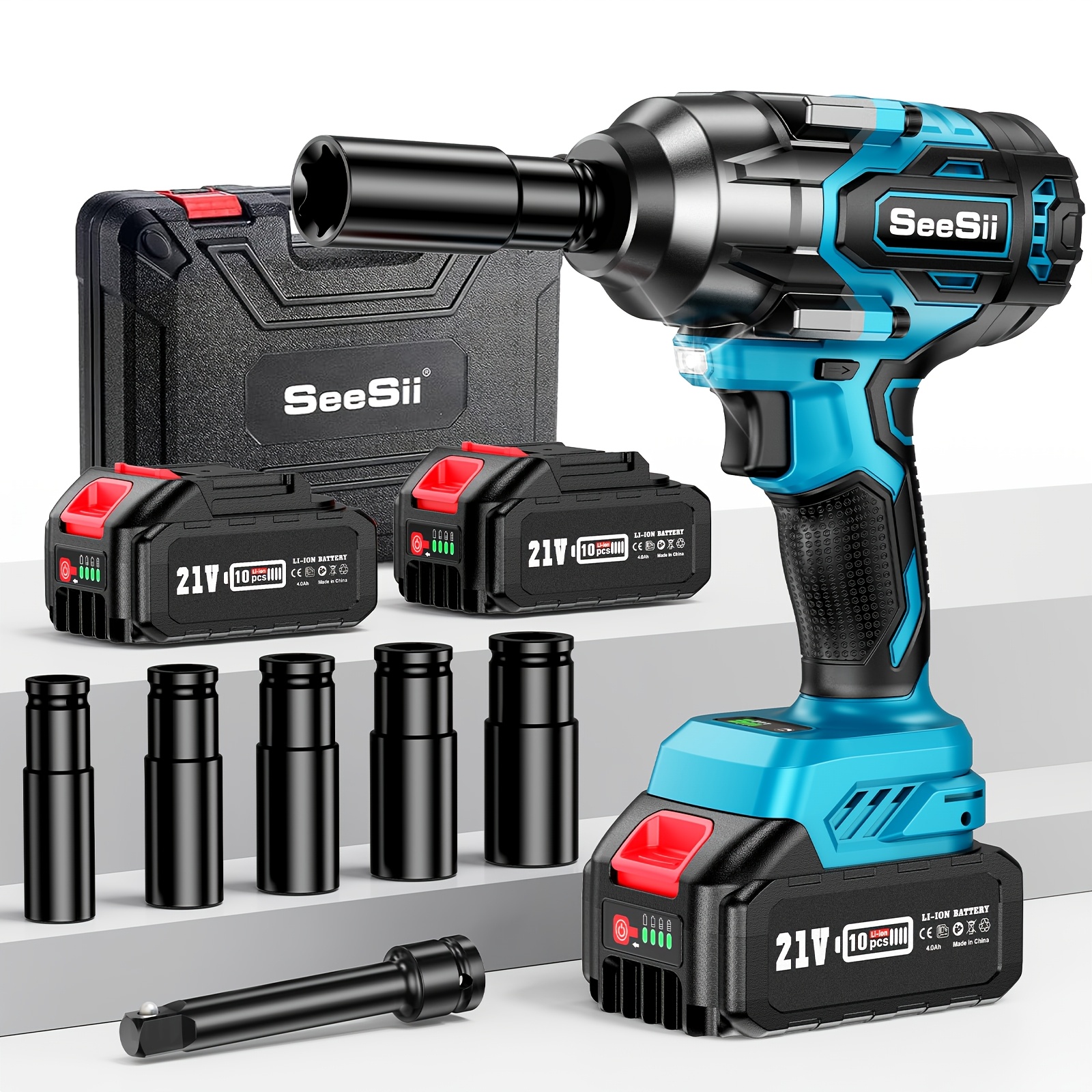 Seesii 950 Nm Cordless Impact Wrench, 1/2 Brushless Battery Impact Wrench With .0 Ah Batteries, Fast Charger, 5 Sockets, For Car Tire Changing, Auto Accessories
