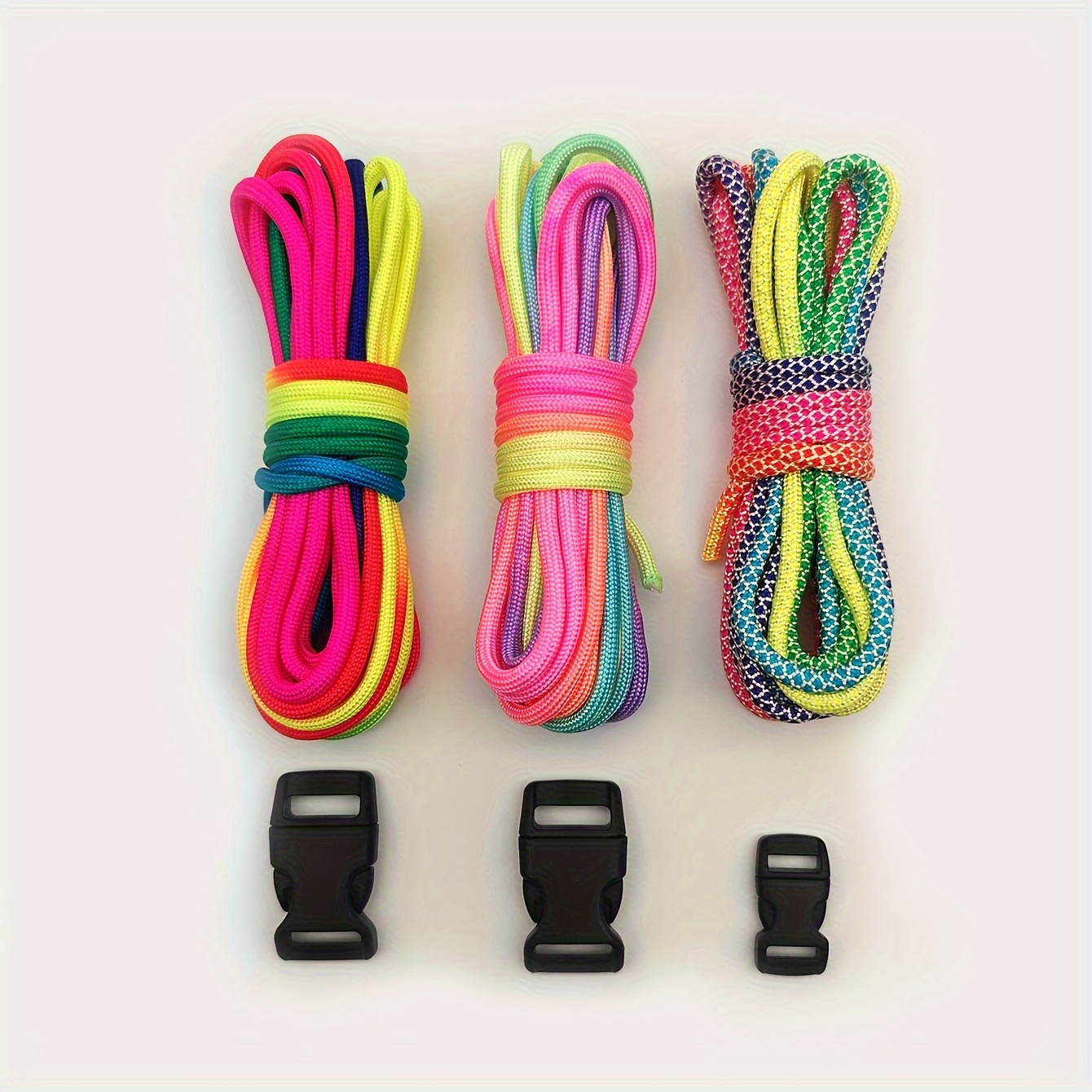 Image of 3 Pieces Of 3-meter/10-foot Rainbow Rope And 3 Buckles, Versatile Outdoor Rope, Outdoor Hanging Rope, Handmade Rope, Woven Bracelets, Dog Collars, Keychains, Outdoor Camping Tent Rope