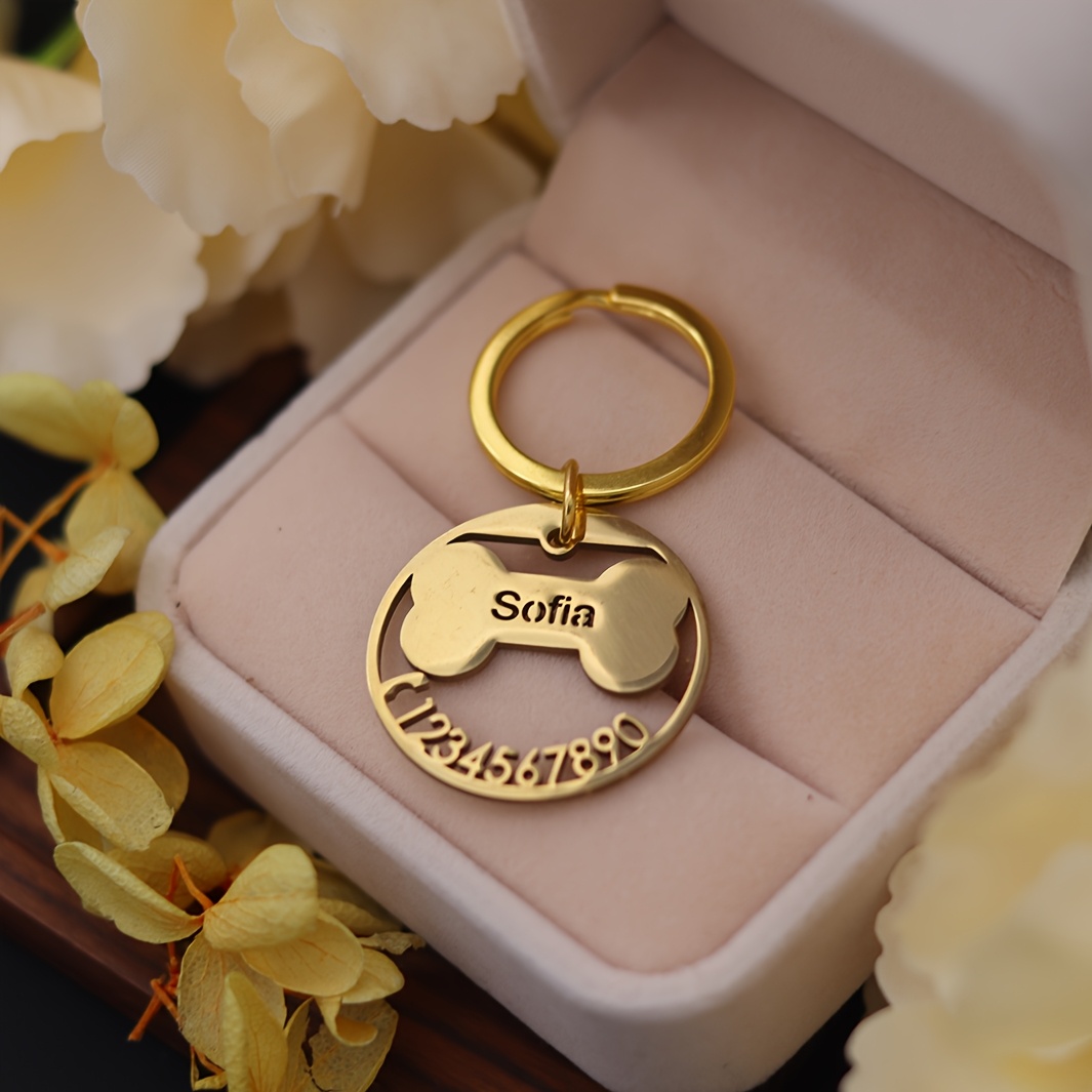TEMU Custom Anti-lost Pet Id Round Tag Name Keychain, Stainless Bone Key Ring, Personalized Custom Name Phone Number Keychain, Memorial Gift For