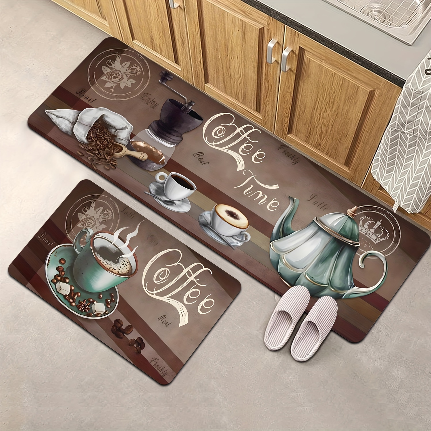 

2pcs Coffee Kitchen Rug Set - Non-slip, Machine Washable For Sink, Laundry & Bedroom Decor