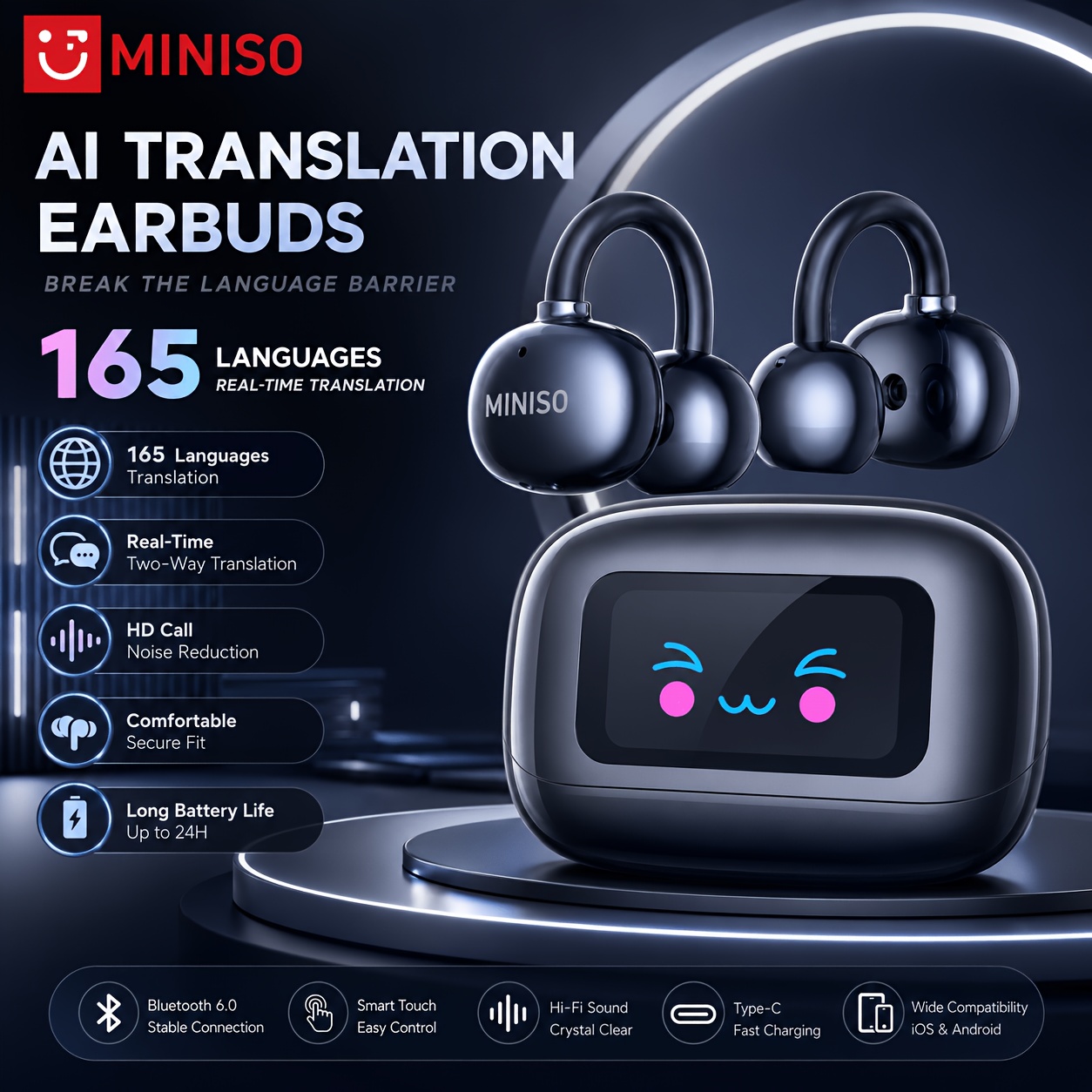Image of Miniso Ms199 Open Ear Ai Translation Wireless Sports Earbuds Black/purple, Touch Screen, Hifi Audio, Noise Canceling, Earphones, Type-c Fast Charge, Fit For Daily , 2025 Trend Wireless Headphones