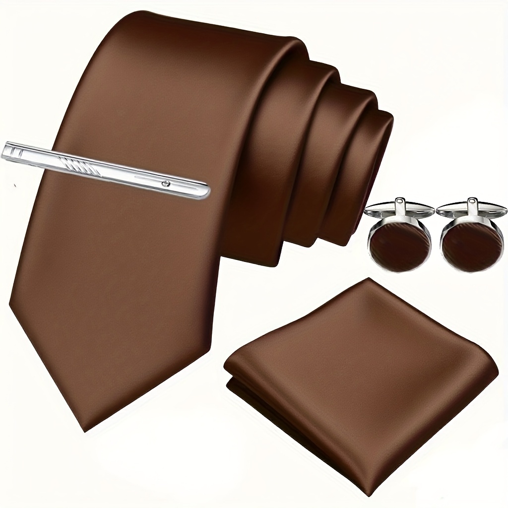 Image of A Set Of 4 Men's Ties With Pocket Squares, Cufflinks, And Tie Clips, Suitable For Balls, Weddings, Banquets, Ceremonies, Formal Meetings, And Casual Parties