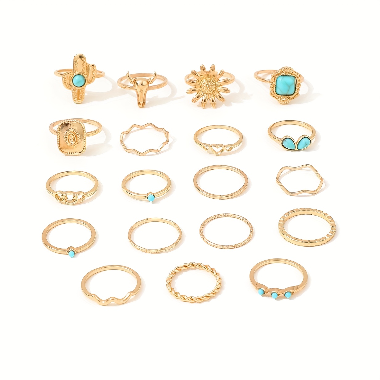 19pcs Alloy Iron Hoop Ring Set, Vintage Ethnic Style