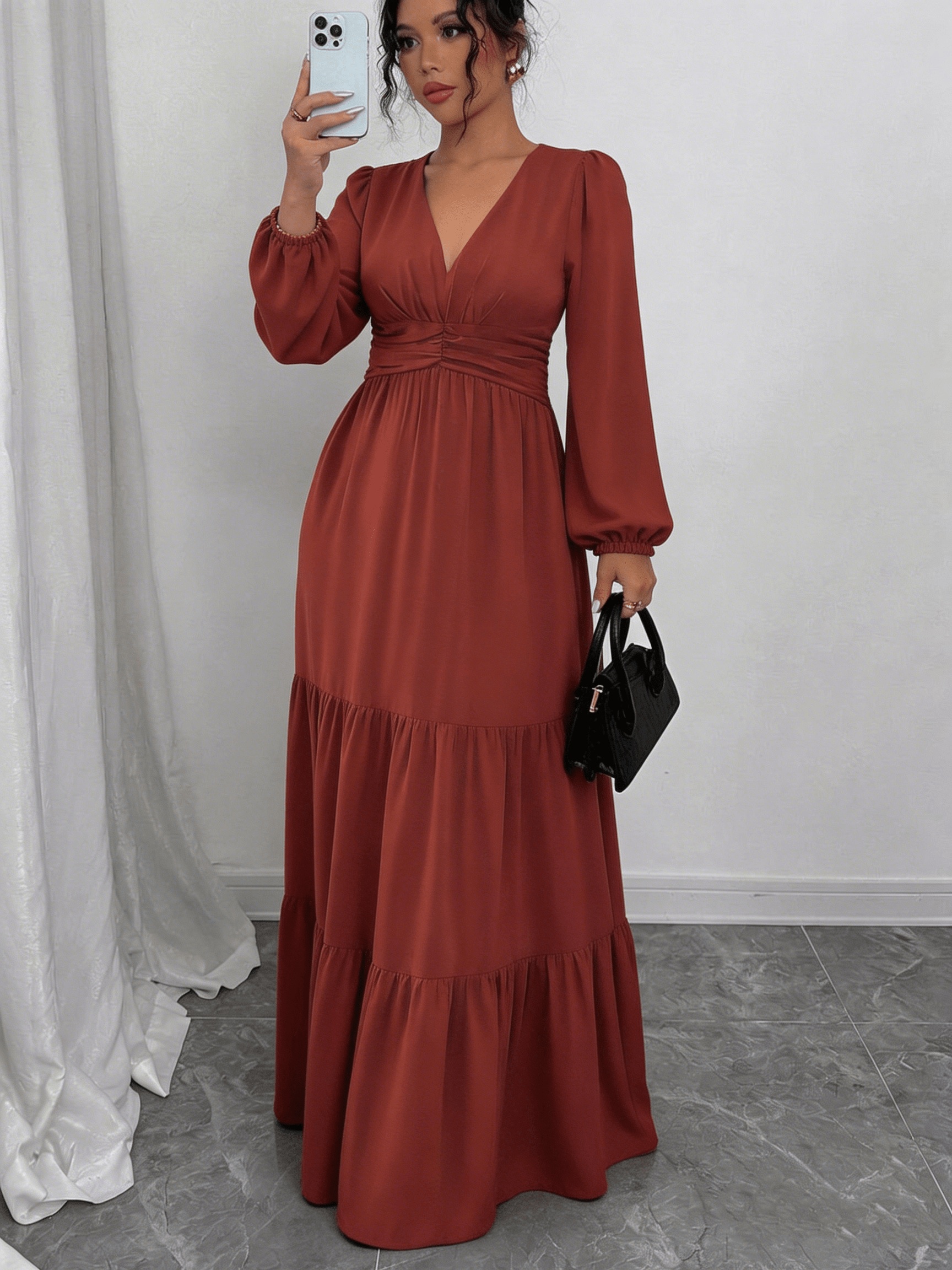 Women' Burgundy V-Neck Puff Sleeve Maxi Dress - Bodycon Dress with Fitted  Waist & Ruffle Hem, -Line Suitable for Casual to Semi-Formal Wear, Machine  Washable Elegant Dress for Spring, Summer, Fall