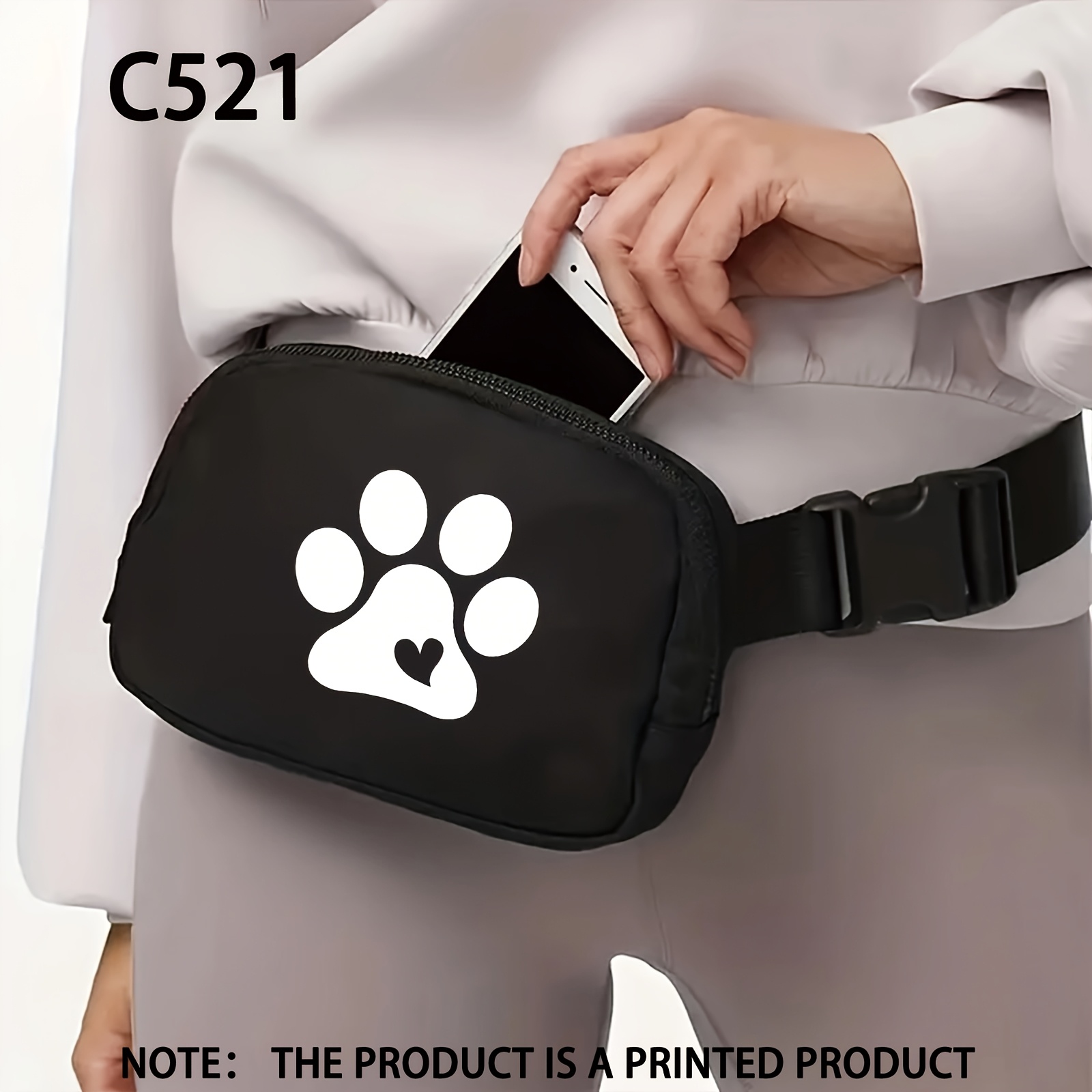 1pc black casual nylon fanny pack paw heart print adjustable Temu