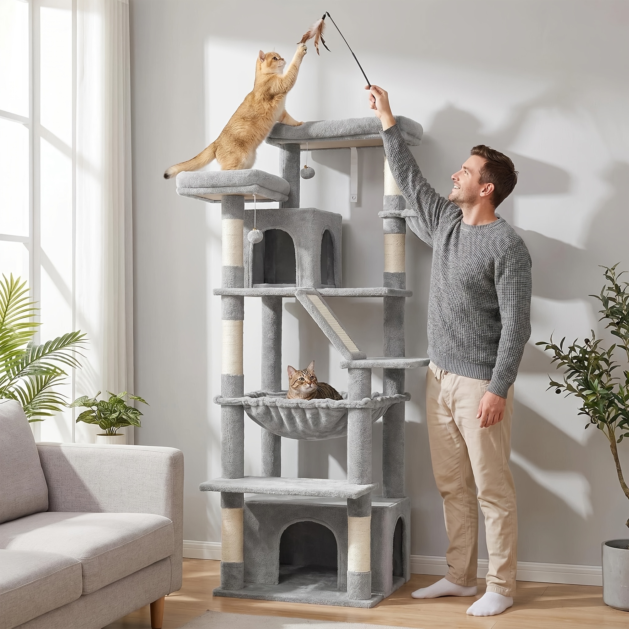 Tree Suitable For Cats - 8-tier 184cm Extra- With Wood Frame & Sisal Posts, Multi-level Climbing Frame With Staggered Platforms, Dark Gray/light Gray/beige For Cats, Playground For Feline