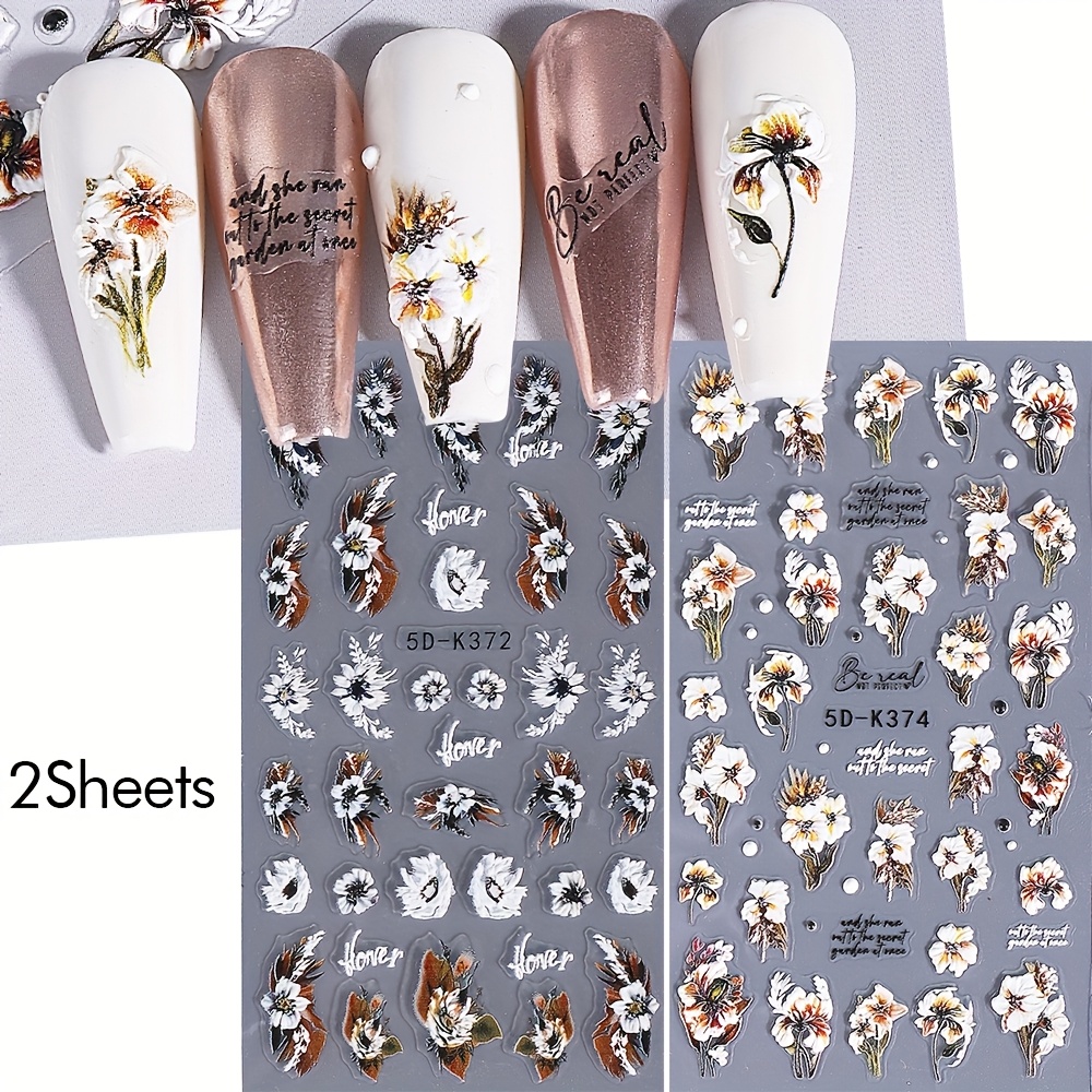 Image of 2 Sheets Autumn Flowers Leaf 5d Nail Stickers Embossed Nail Colors Series Dried Flowers Patterns 5d Nail Art Decals Diy Manicure Decorations