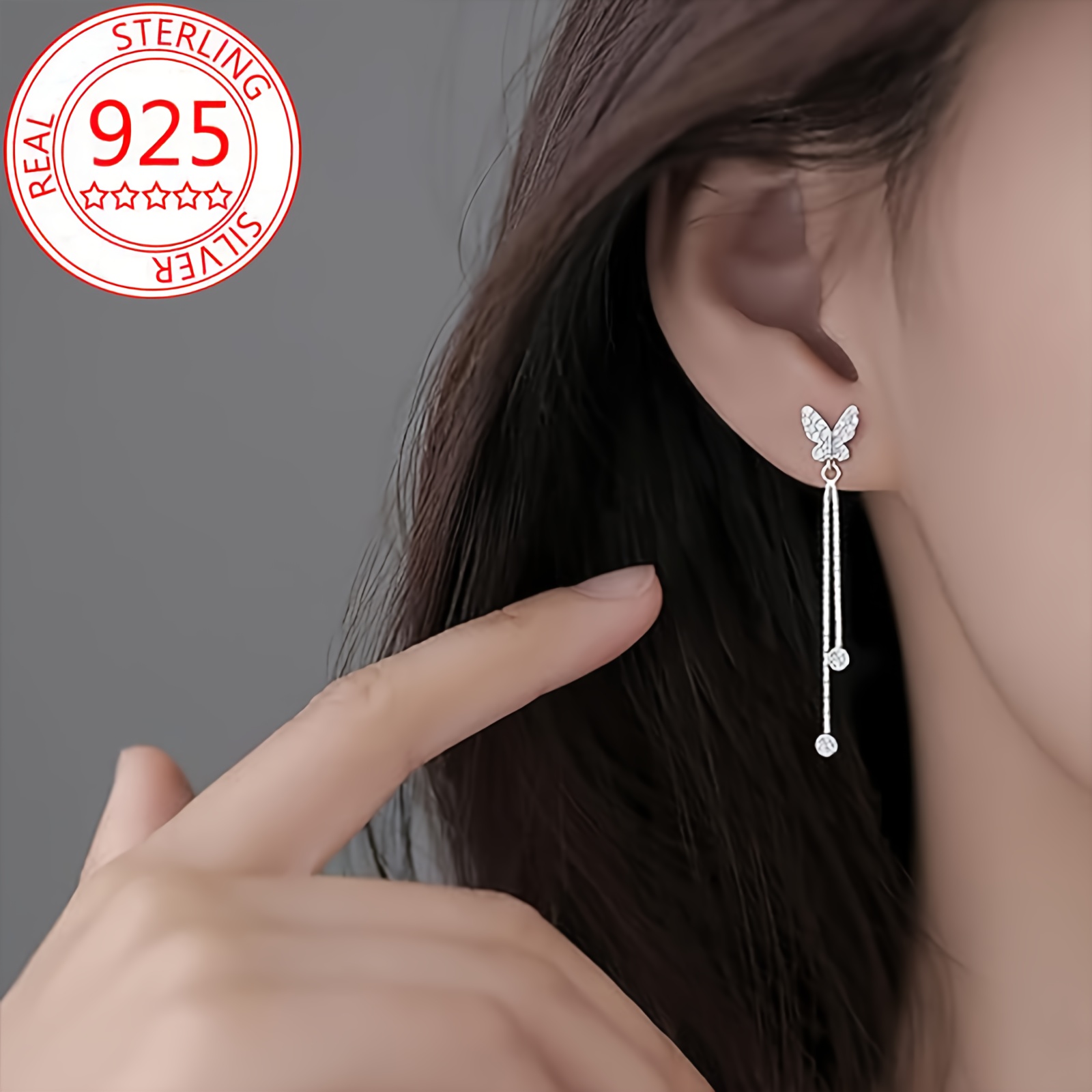 

925 Sterling Silver Long Pendant Dangle Earrings Mini Butterfly Ear Piercing Jewelry Inlaid Shiny Zircon
