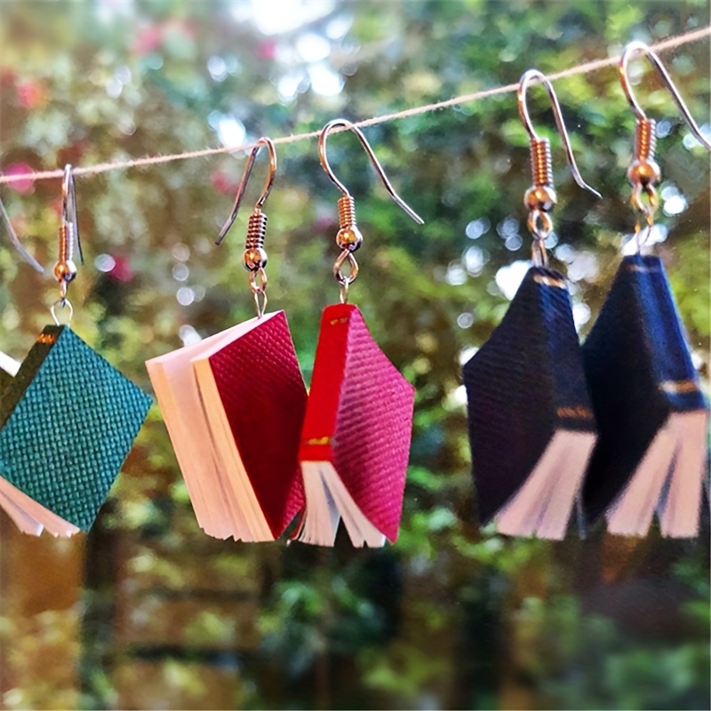 Image of Vintage Cute Book Drop & Dangle Earrings - 4 Pcs Handcrafted Paper Book Design, Iron Ear Needle, No , Ideal For & Gift-, Suitable For , Teachers Day/back To School/graduation