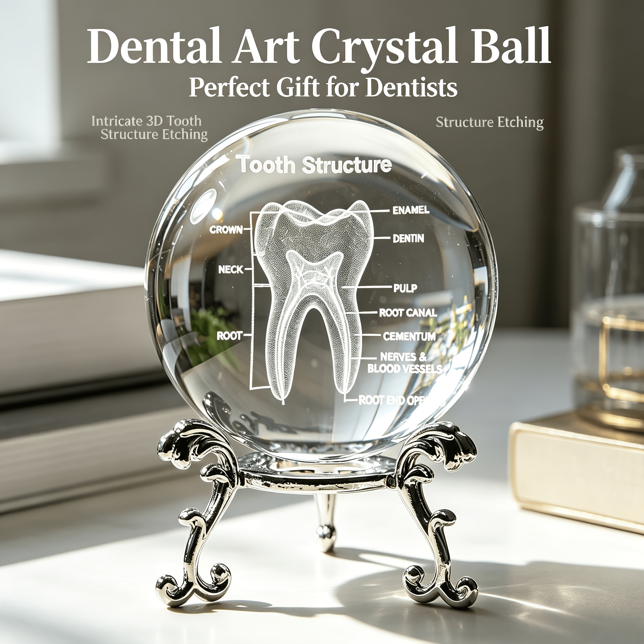 TEMU 60mm Exquisite Tooth Anatomy Crystal Ball Ornament With 3d Inner Carved Tooth Structure Diagram, With A Silvery Engraved Stand. Educational
